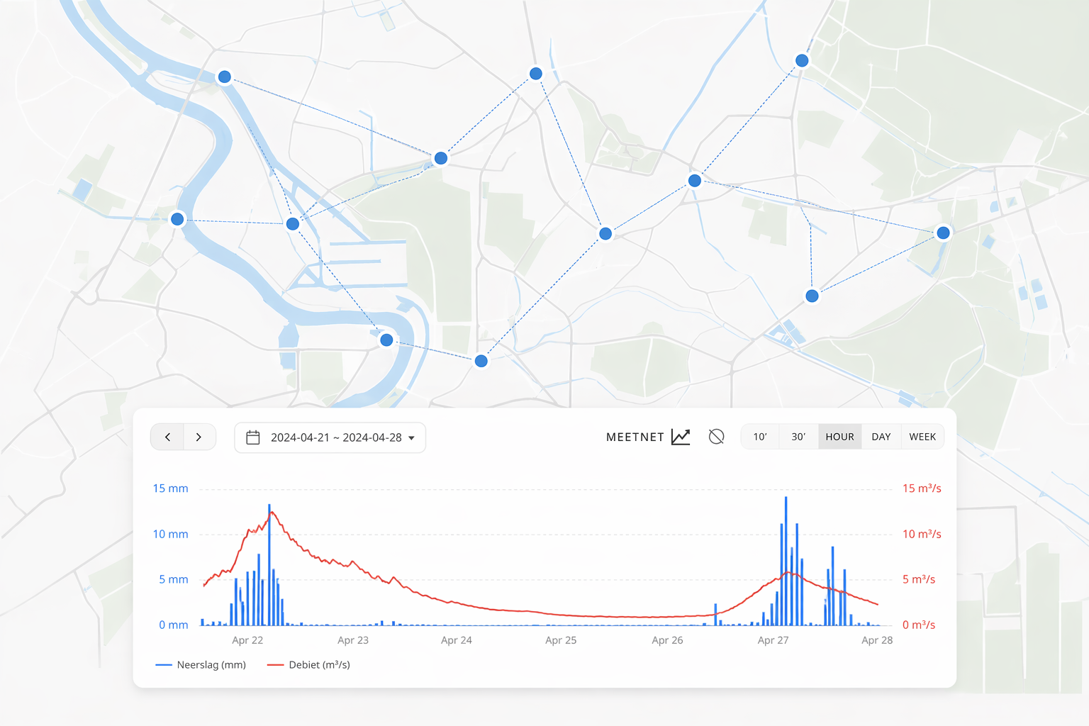 Een digitale kaart met gegevens over neerslag en debietentafelingen, met datums van 21 april tot 28 april 2024, en een grafiek die regenval in millimeters en debiet in kubieke meter per seconde over die dagen toont.