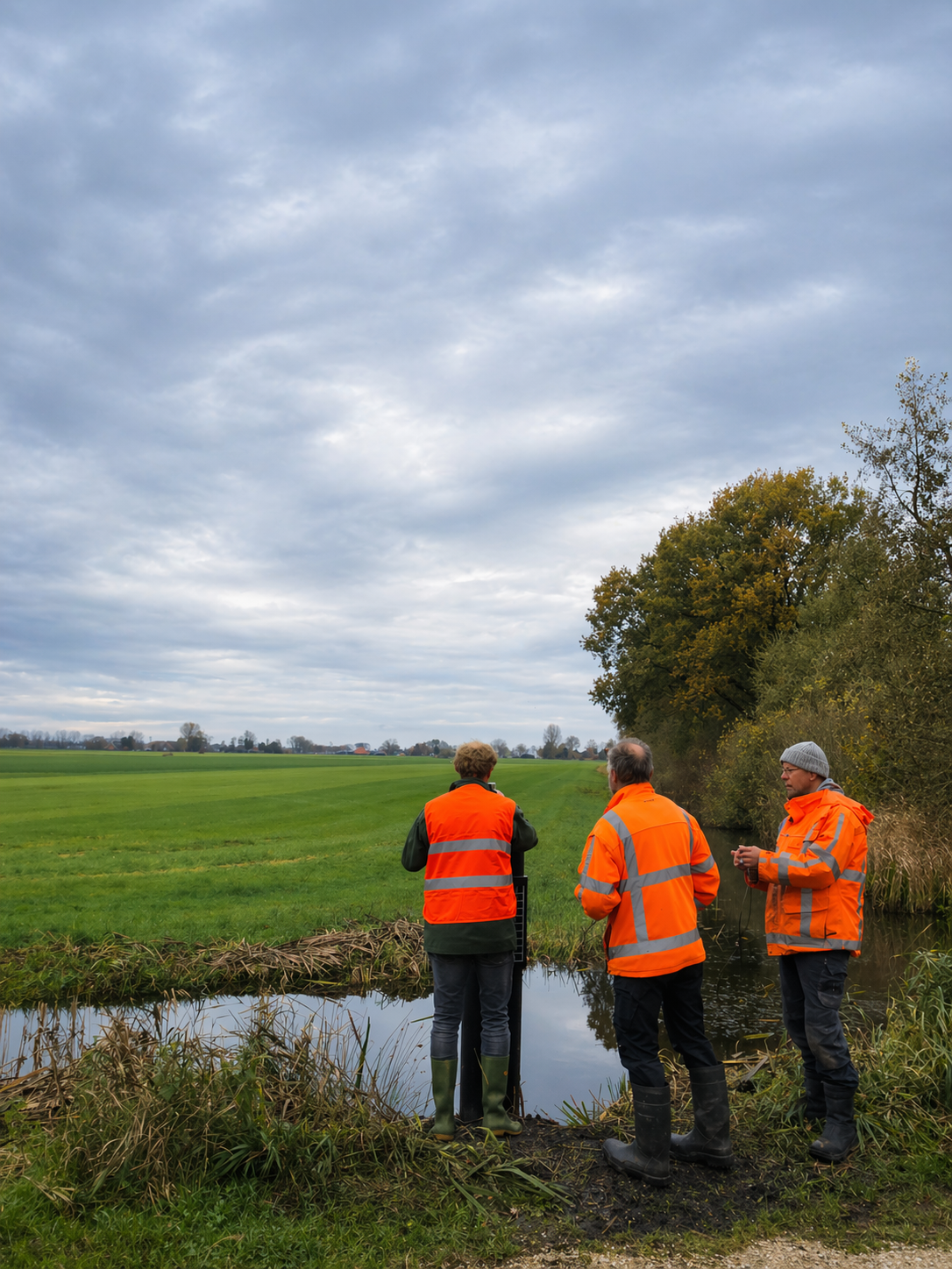 Nederlandse polder met waterloop en windmolen op de achtergrond, locatie voor debietmeetopstelling