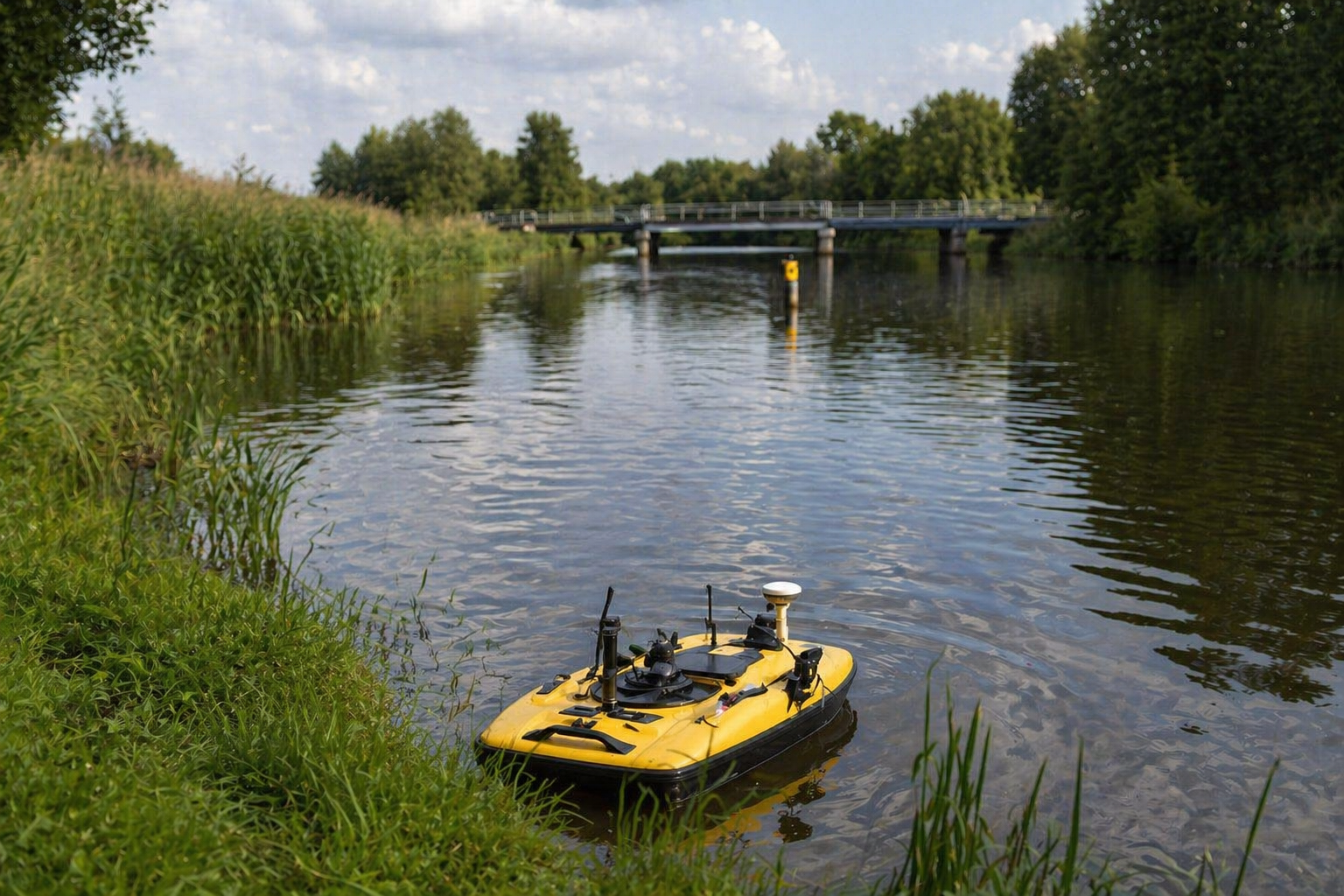 Een gele ontheffeningsrobot op een waterkant met groen gras, een rivier en een brug in de achtergrond.