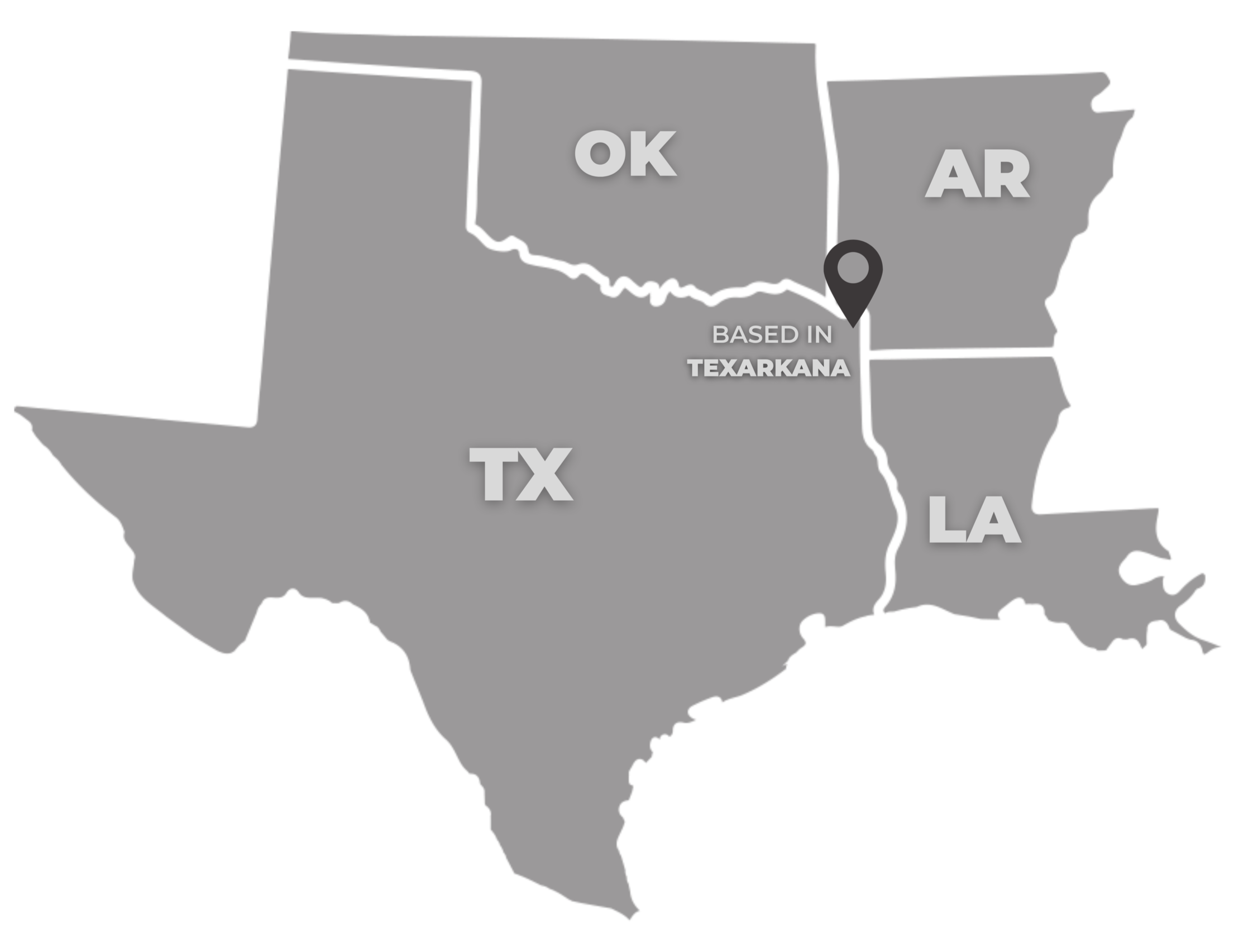 Service area map showing Porterfield Trucking coverage across Texas, Oklahoma, Arkansas, and Louisiana from Texarkana