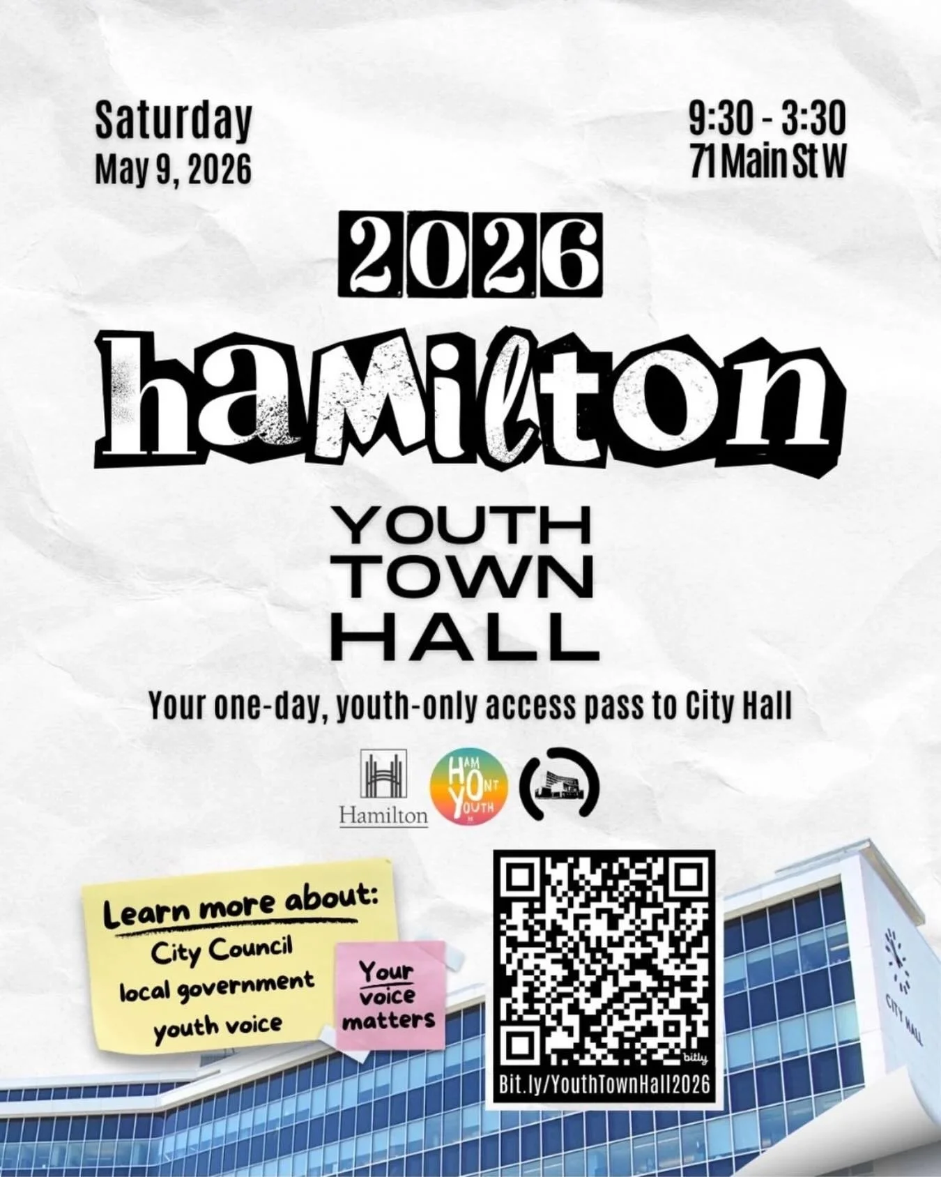 The City of Hamilton @hamontyouth in partnership with @modelcityhallhamilton are excited to share details about the upcoming 2026 HamOntYouth Town Hall, a FREE full-day civic engagement event for youth aged 14&ndash;29 from across all City of Hamilto