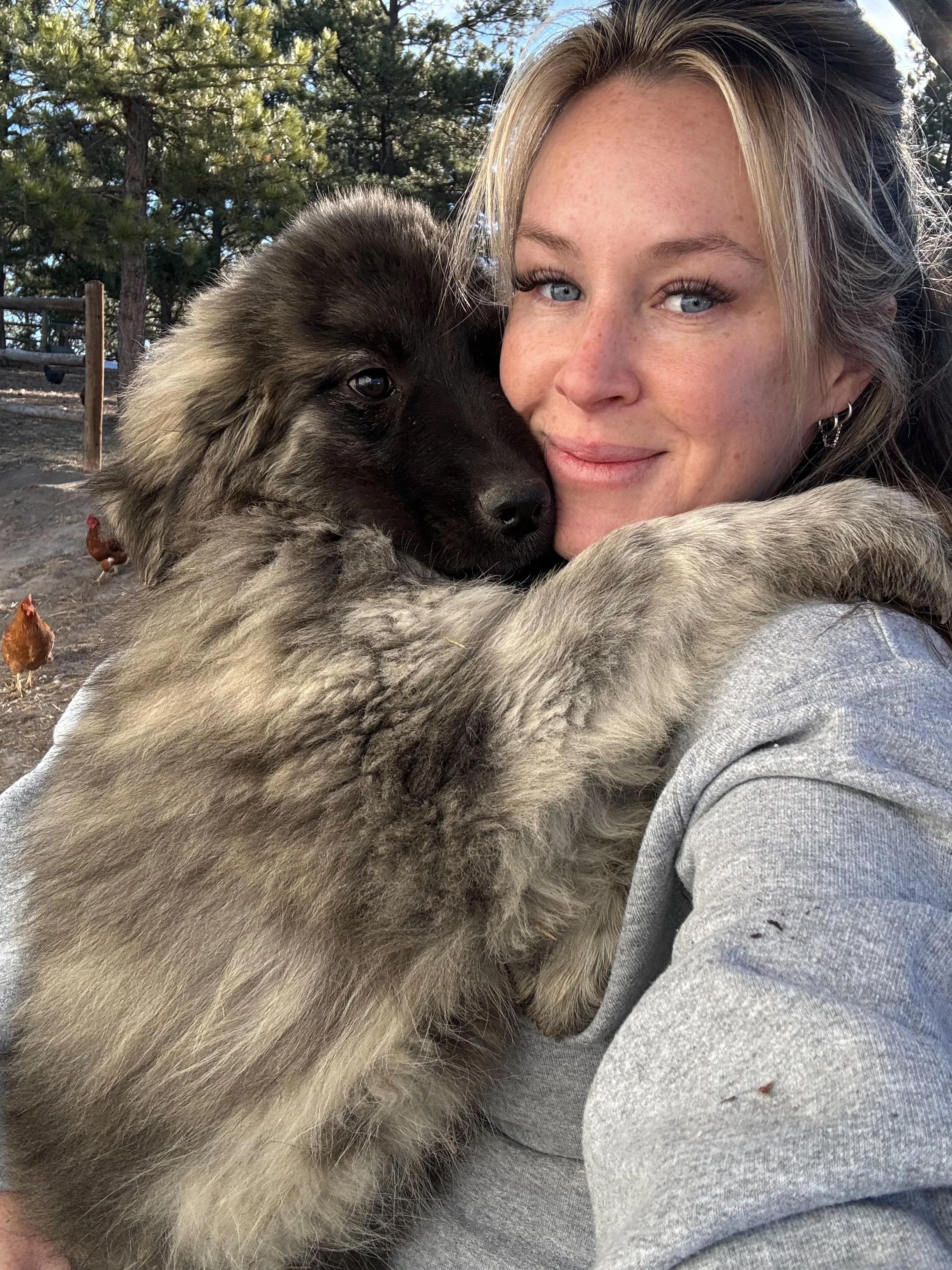 A young woman with blonde hair and blue eyes hugging a large, fluffy puppy with a black face and gray fur outdoors in a wooded area.