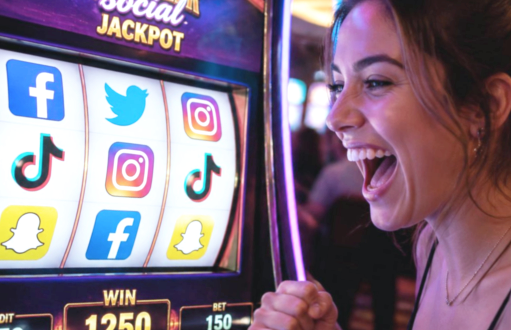Kvinne foran en spilleautomat, AI-generert illustrasjon