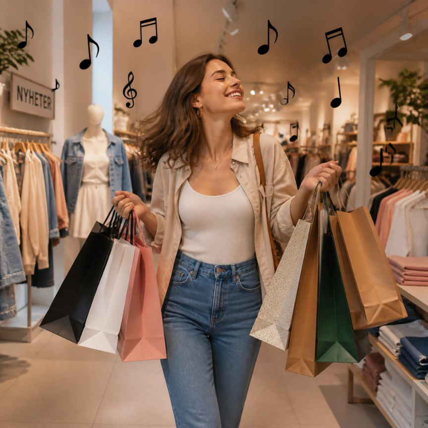 Smilende kvinne med shoppingposer i en klesbutikk