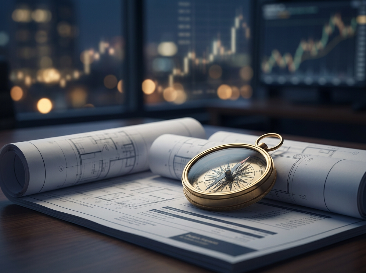 A golden compass resting on financial planning documents, symbolizing True North Private Investments' comprehensive approach to guiding accredited investors toward their retirement, estate planning, tax planning, and education goals