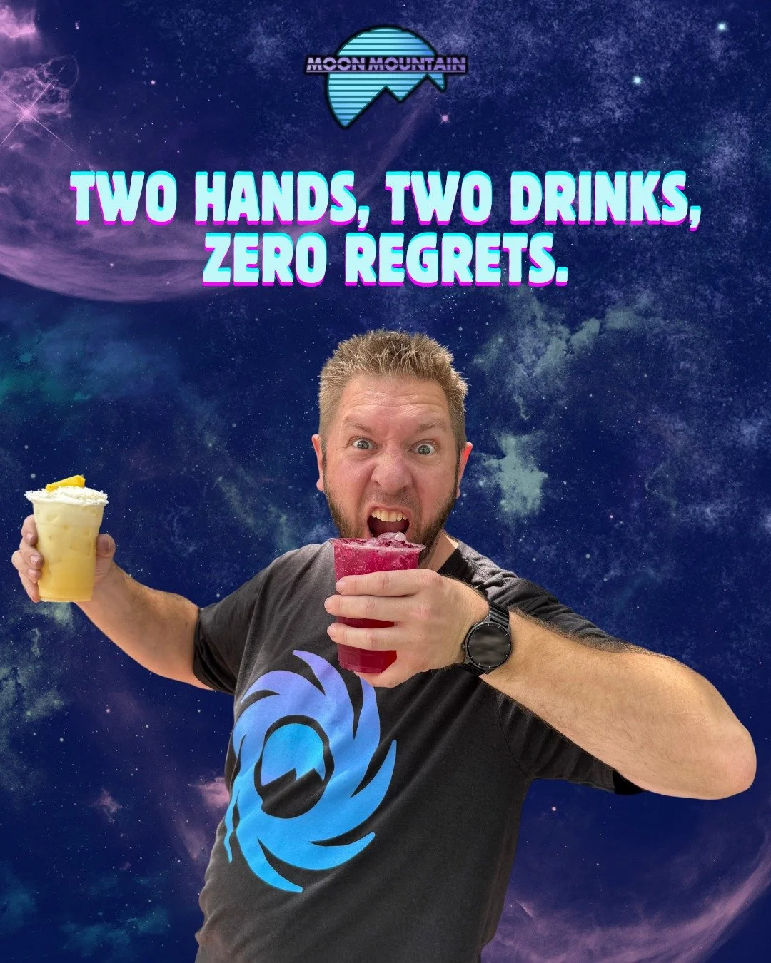Two hands, two drinks, zero regrets 🚀 Because when you&rsquo;re at Moon Mountain, one cosmic sip is never enough. From fruity mocktails to energizing smoothies (and everything in between), we&rsquo;ve got your galaxy covered ✨

👉 Grab yours today a