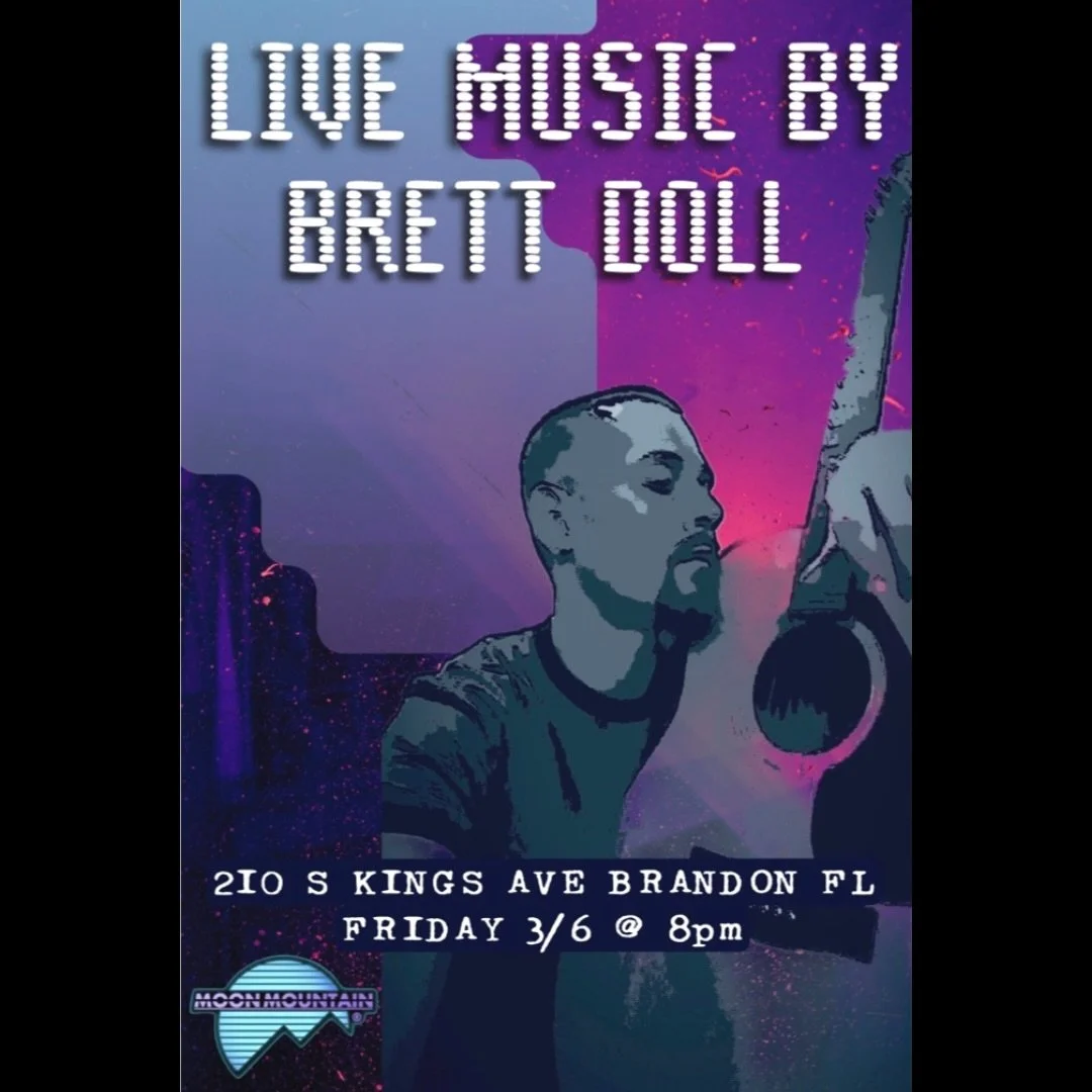 🔥 LIVE at the 🌙 

Join us Friday 3/6 at 8PM for LIVE MUSIC BY: BRETT DOLL at Moon Mountain 🎶✨

📍 210 S. Kings Ave, Brandon, FL
🎤 Singer-songwriter vibes
🌙 Chill atmosphere, great drinks, good company

Come out, grab a seat, and support local mu