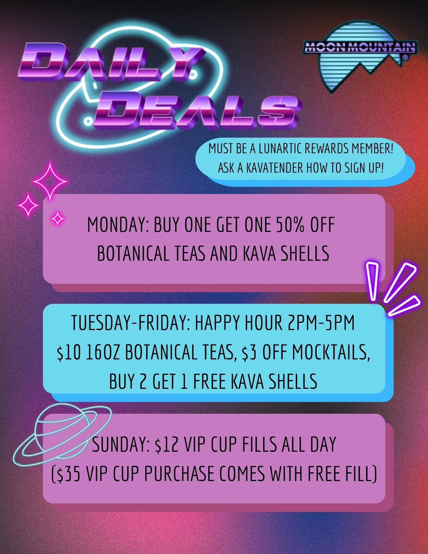 New deals for ya!!! Stop by this week for BOGO, happy hour, or $12 VIP tea fills! 👽🩵🪐

🛸 210 S Kings Avenue J Brandon FL 33511 

HappyHour KavaLounge BotanicalLounge CoffeeBar TampaCafe AlternativeCafe DrinkLocal AcaiBar KavaLife