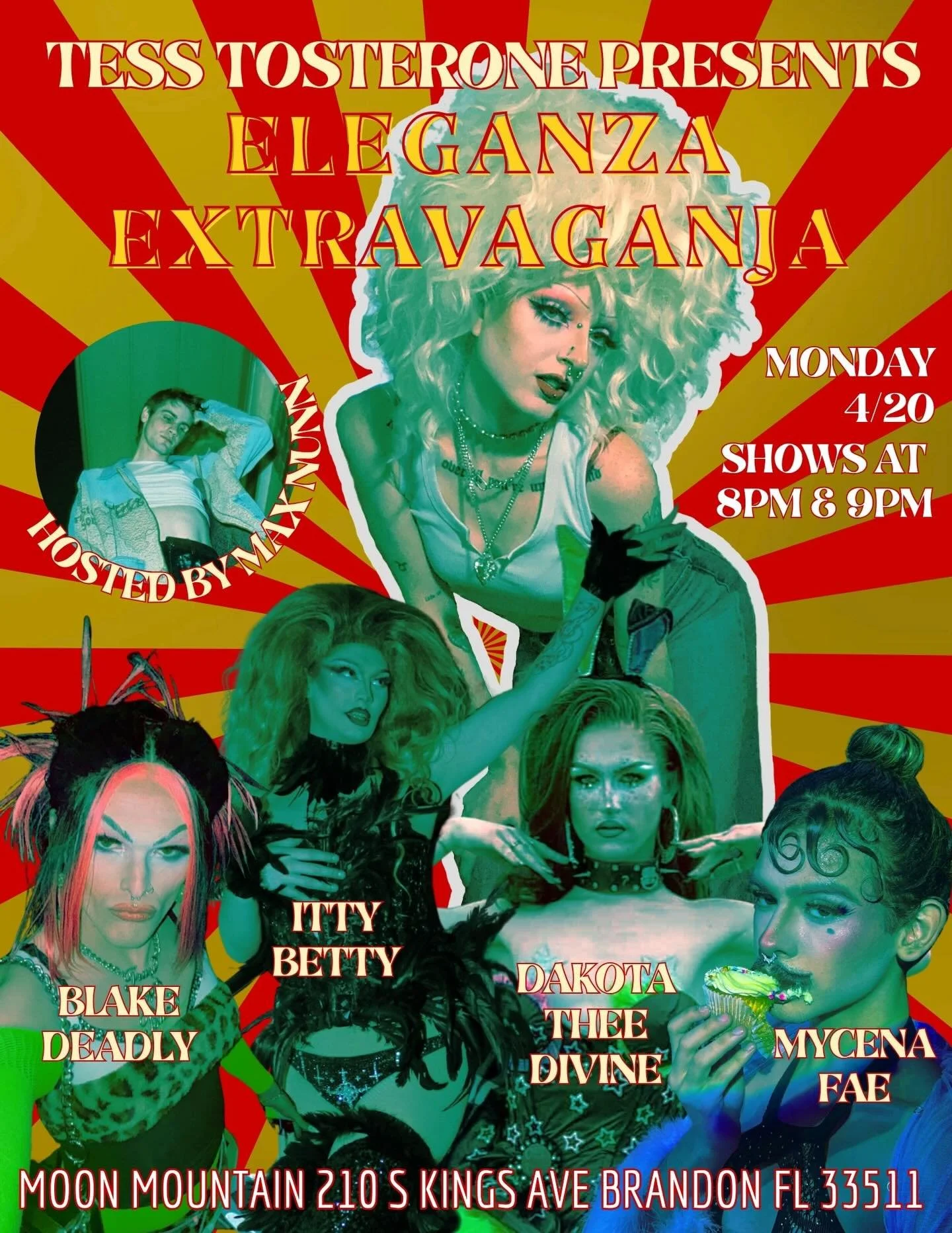 Our very own @tesstosteroneshots is having a 4/20 celebration! 🍃🛸🩵
Come see all of Tampa&rsquo;s best local queens and sip on Tampa&rsquo;s best botanical teas! 💋🪐

SHOWS AT 8 &amp; 9 PM
210 S Kings Avenue Brandon FL 33511

TampaDrag DragShow Al