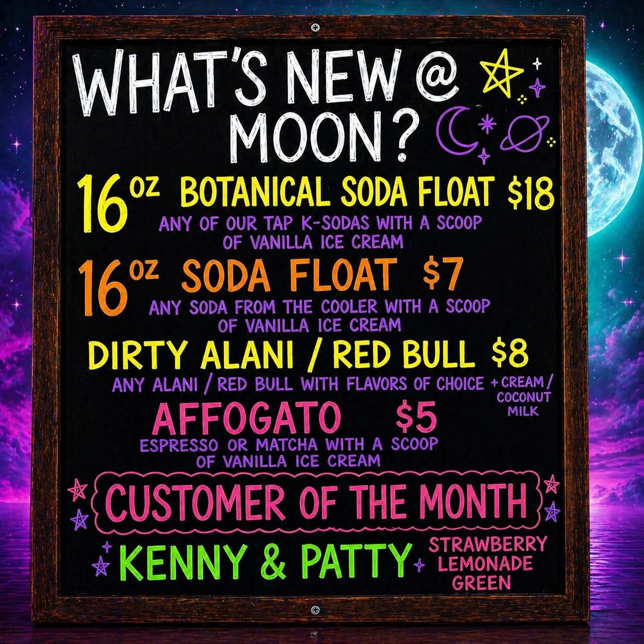 What&rsquo;s new at Moon? 🌙✨
A whole new lineup + a whole new vibe.

✨From botanical soda floats to dirty Alani &amp; Red Bulls&hellip; and of course our affogato fix ☕🍦
There&rsquo;s something glowing for everyone.
🌌 Come sip under the neon moon
