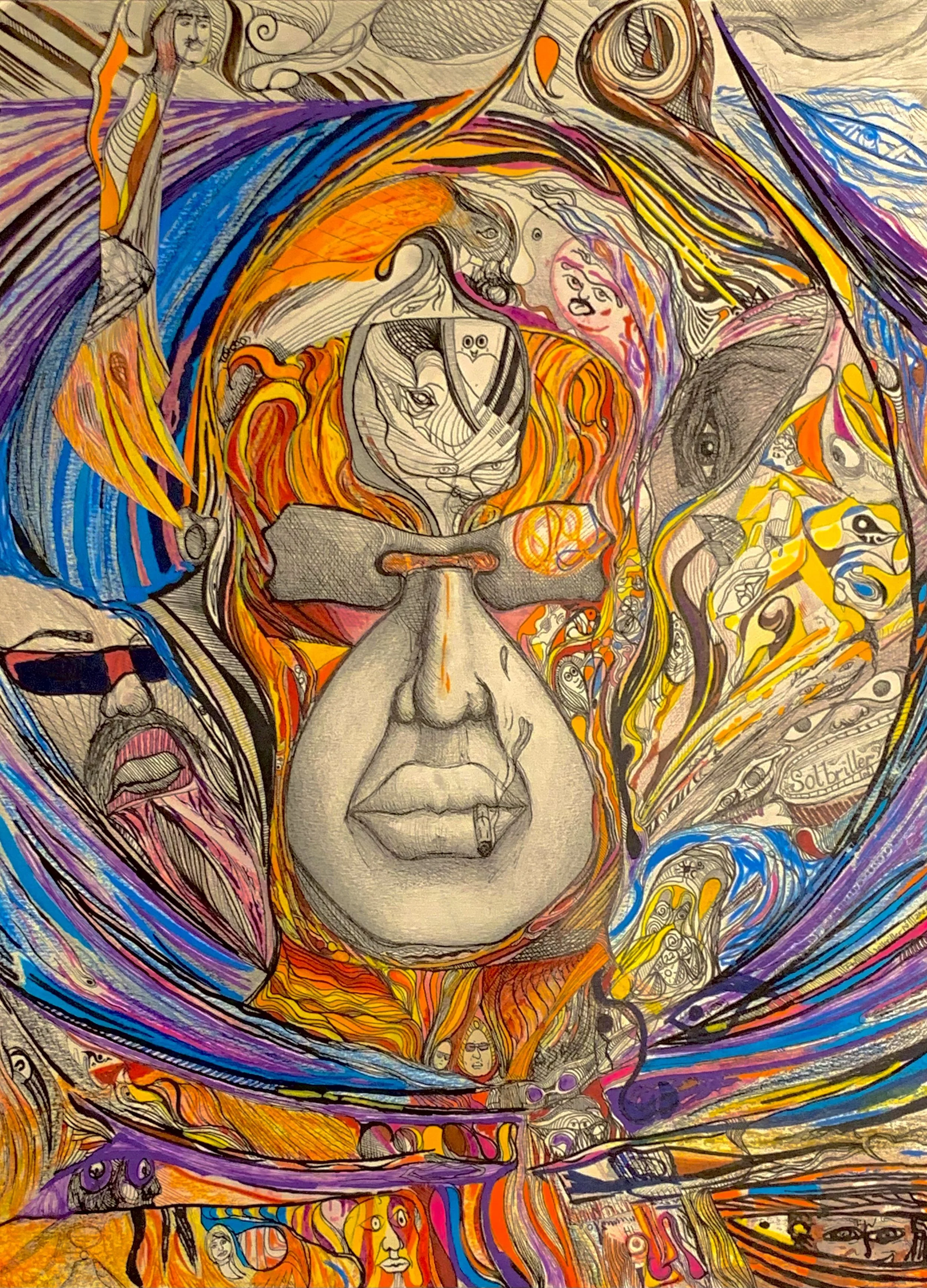 En fargerik kunstnerisk tegning med ansikter, dyresilhuetter og abstrakte mønstre, dominert av en stor kvinnelige ansikt med røyklignende elementer og dynamiske farger.