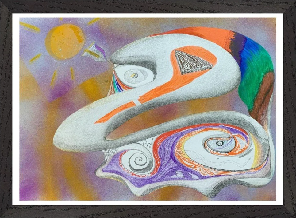 Abstrakt kunstverk med en flyvende fugl, sol og spiralformer i pastellfarger.