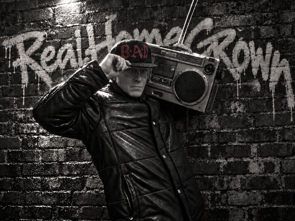 Gary McPherson carrying a boombox in the rain against RealHomeGrown graffiti