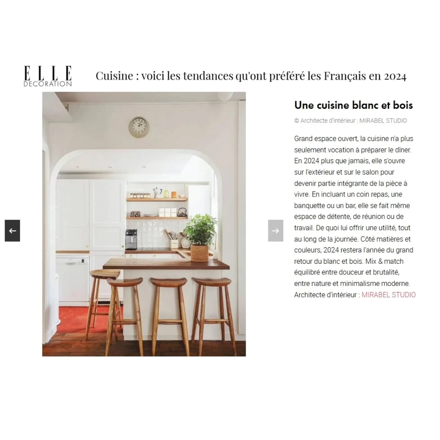 |Press| @elledecorationfr o&ugrave; notre projet figure parmi les tendances cuisine pr&eacute;f&eacute;r&eacute;es en 2024 
Une cuisine blanc et bois
Grand espace ouvert, la cuisine n&rsquo;a plus seulement vocation &agrave; pr&eacute;parer le d&icir