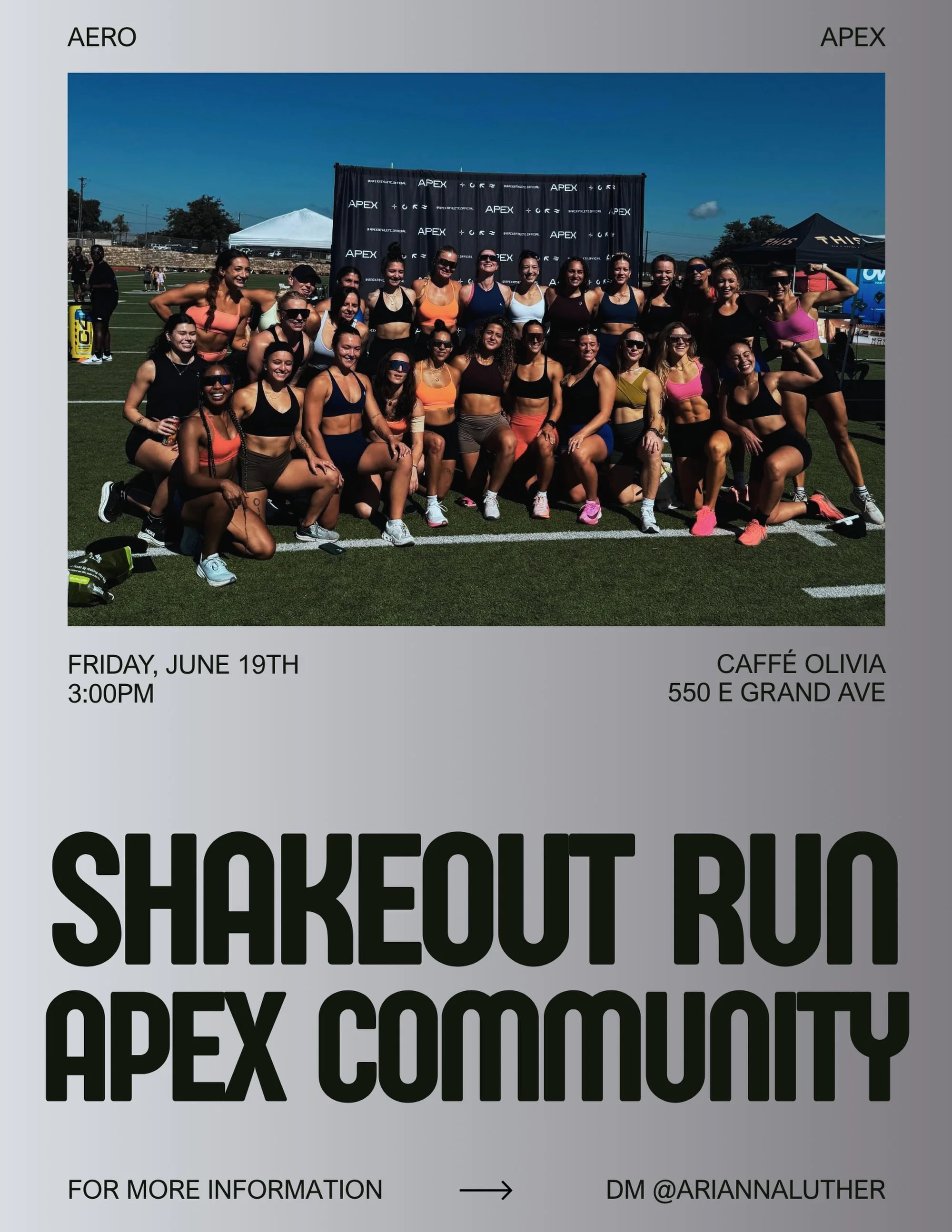 SHAKEOUT RUN WITH AERO for APEX! 🙌🏽🙌🏽

Come meet with us June 19th at 3pm at Caff&egrave; Olivia for a chill 1 mile shakeout run 🏃🏽&zwj;♀️ 🏃🏼💨 

This is a great opportunity to meet other competitors flying in from all over, calm the nerves, 