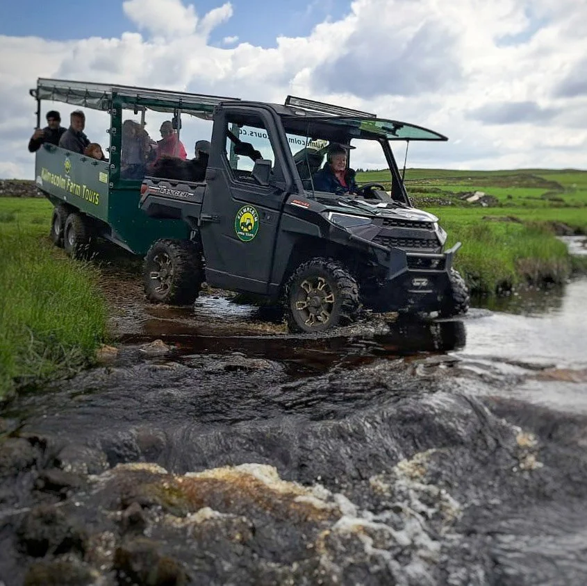 Guests travelling across a stream in a farm trailer during a Highland cow farm experience near Greenock Cruise Terminal in Scotland