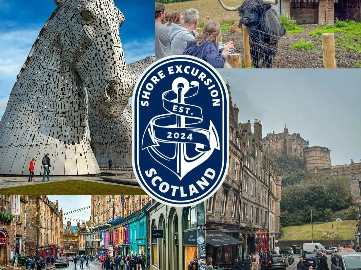 Shore Excursion Scotland collage featuring The Kelpies, Edinburgh Castle and Highland cow experience highlighting Majestic Princess shore excursions in Scotland.