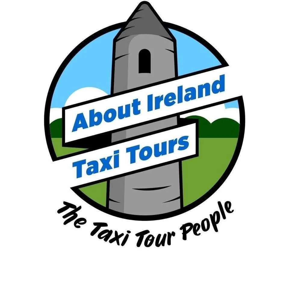Logo of About Ireland Taxi Tours featuring a historic Irish round tower set against a blue sky and green countryside. The company name is displayed across the centre with the slogan "The Taxi Tour People" underneath.