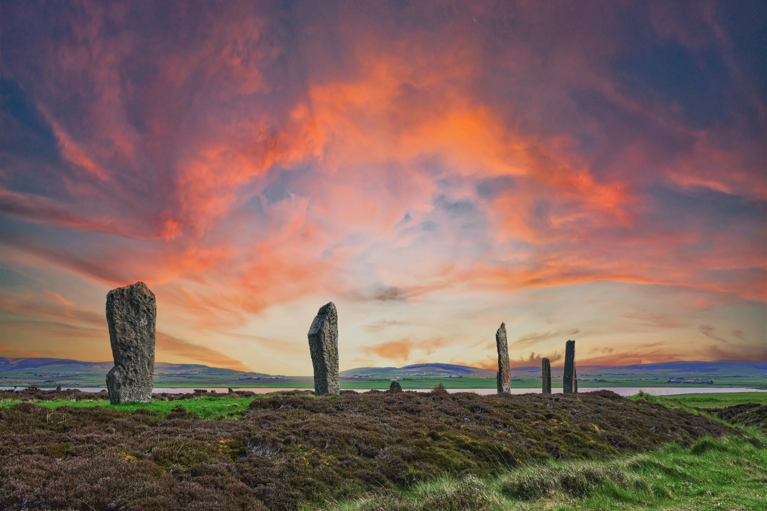 Ring of Brodgar at sunset in the Orkney Islands, part of the UNESCO World Heritage-listed Heart of Neolithic Orkney.