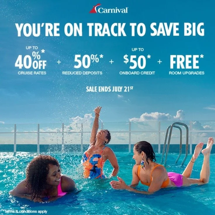 Carnival Cruise Line Promotion #2
Get early saver rates, 50% reduced deposits per person, up to $50 onboard credit and free room upgrade on sailings through April 2027.
BOOKING WINDOW:
July 15, 2025 - July 21, 2025
SAILINGS: April 2027
$359: 2