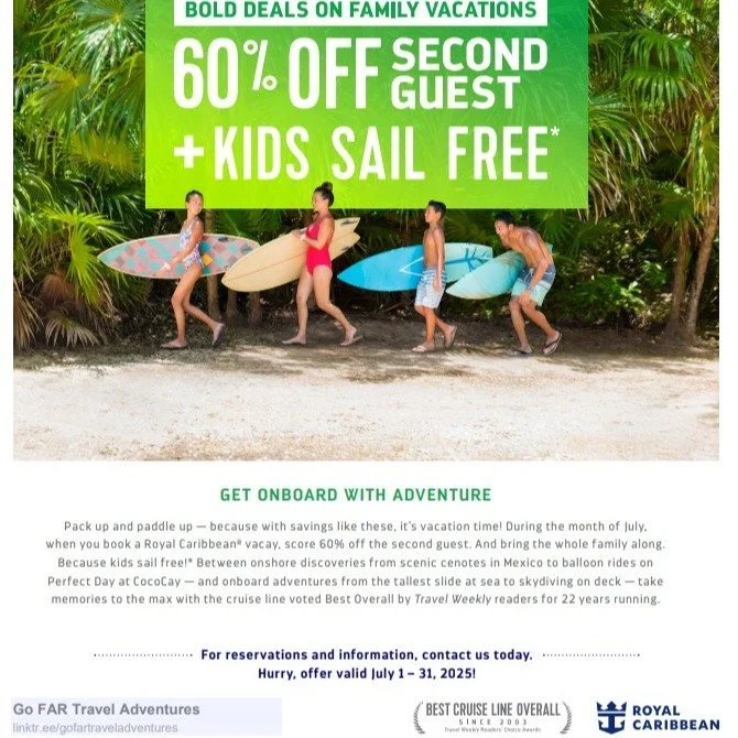 Royal Caribbean Current Promotion
BOGO60
Booking Window: July 1, 2025 – July 31, 2025
Sailing Window: Sailings departing on or after July 2, 2025
Offer details: Buy One Guest, Get Second Guest 60% Off
Kids Sail Free as the 3rd or 4th