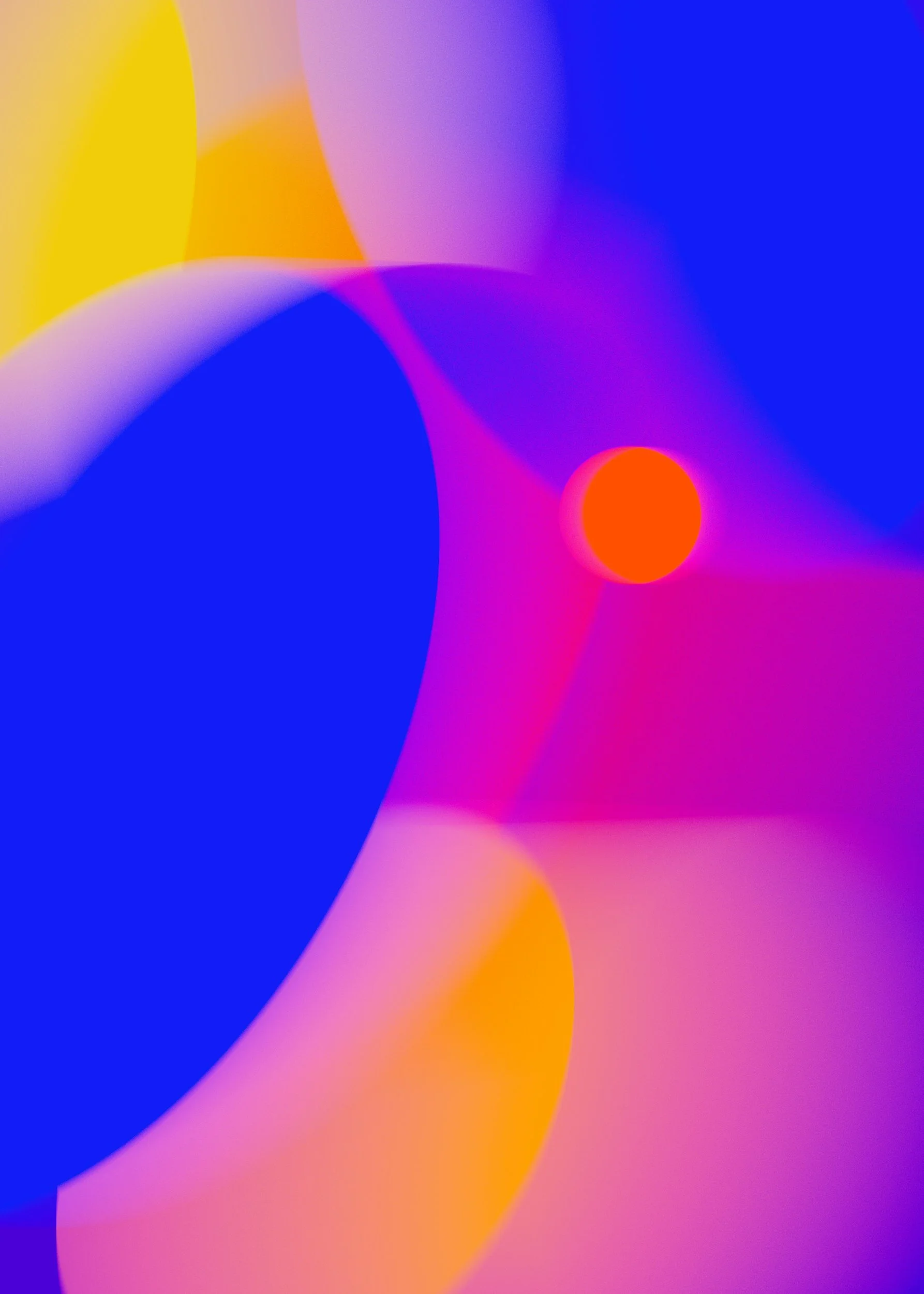 Abstract digital artwork featuring colorful shapes and gradients in yellow, purple, pink, blue, and orange.