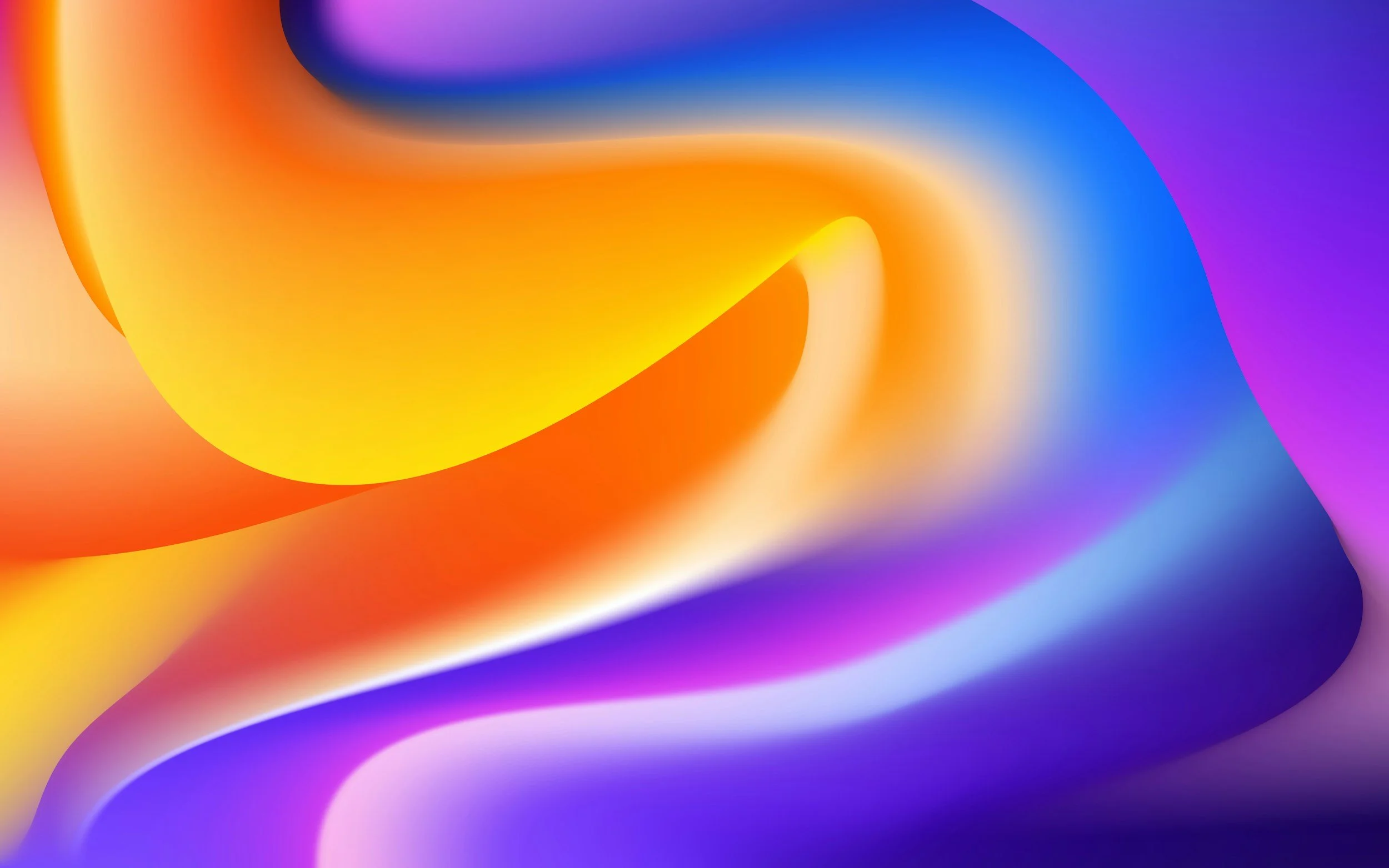Abstract colorful flowing shapes in yellow, orange, purple, and blue with smooth gradients.