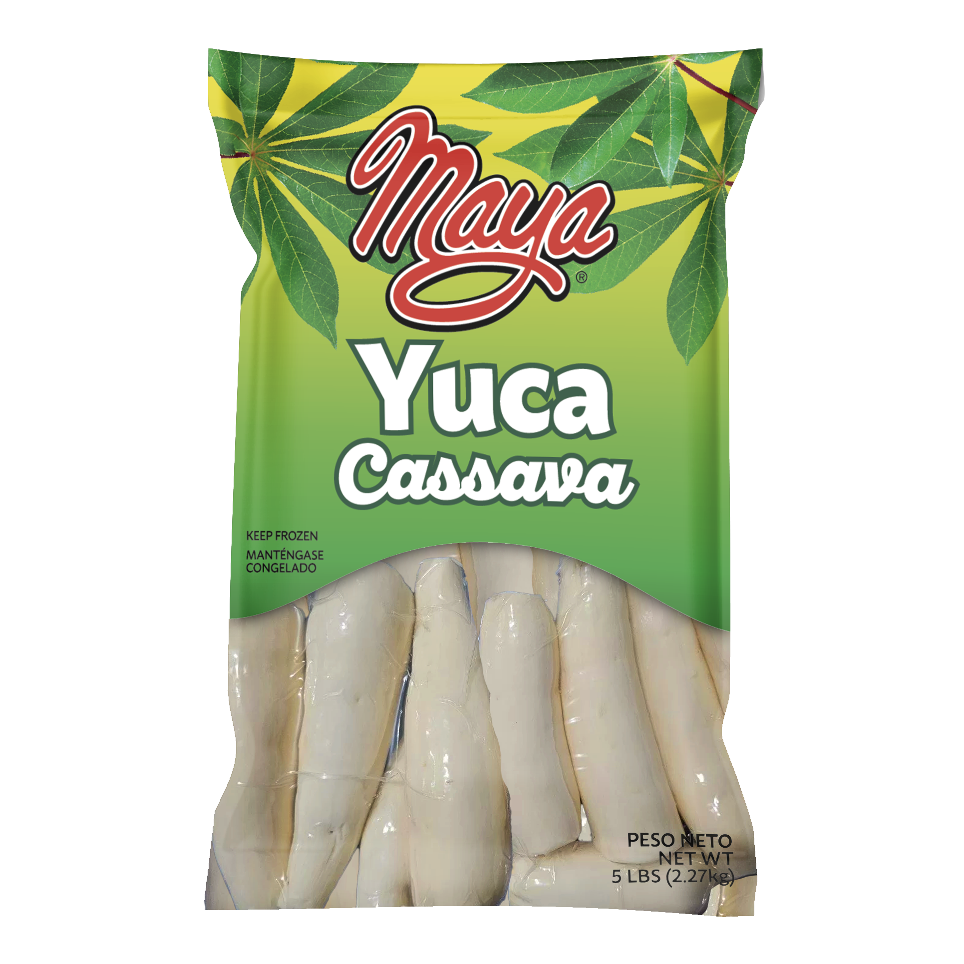 Package of Maya brand frozen yuca, cassava, with a green and yellow design and image of yuca pieces, 5 lb weight.