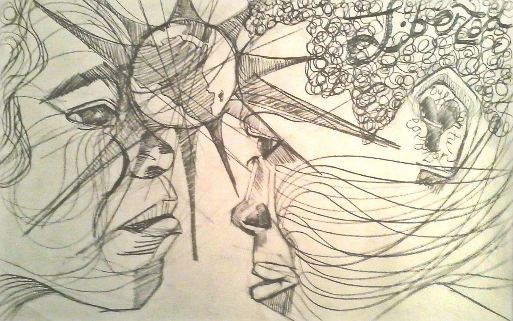 Sketch of two women facing each other with detailed line work, hair drawn with flowing lines, one woman has curly hair and the other has straight hair with text in a speech bubble.