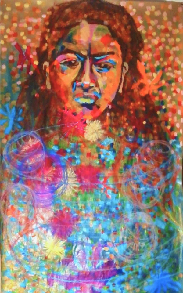 Colorful abstract painting of a woman's face with various patterns and vibrant colors.