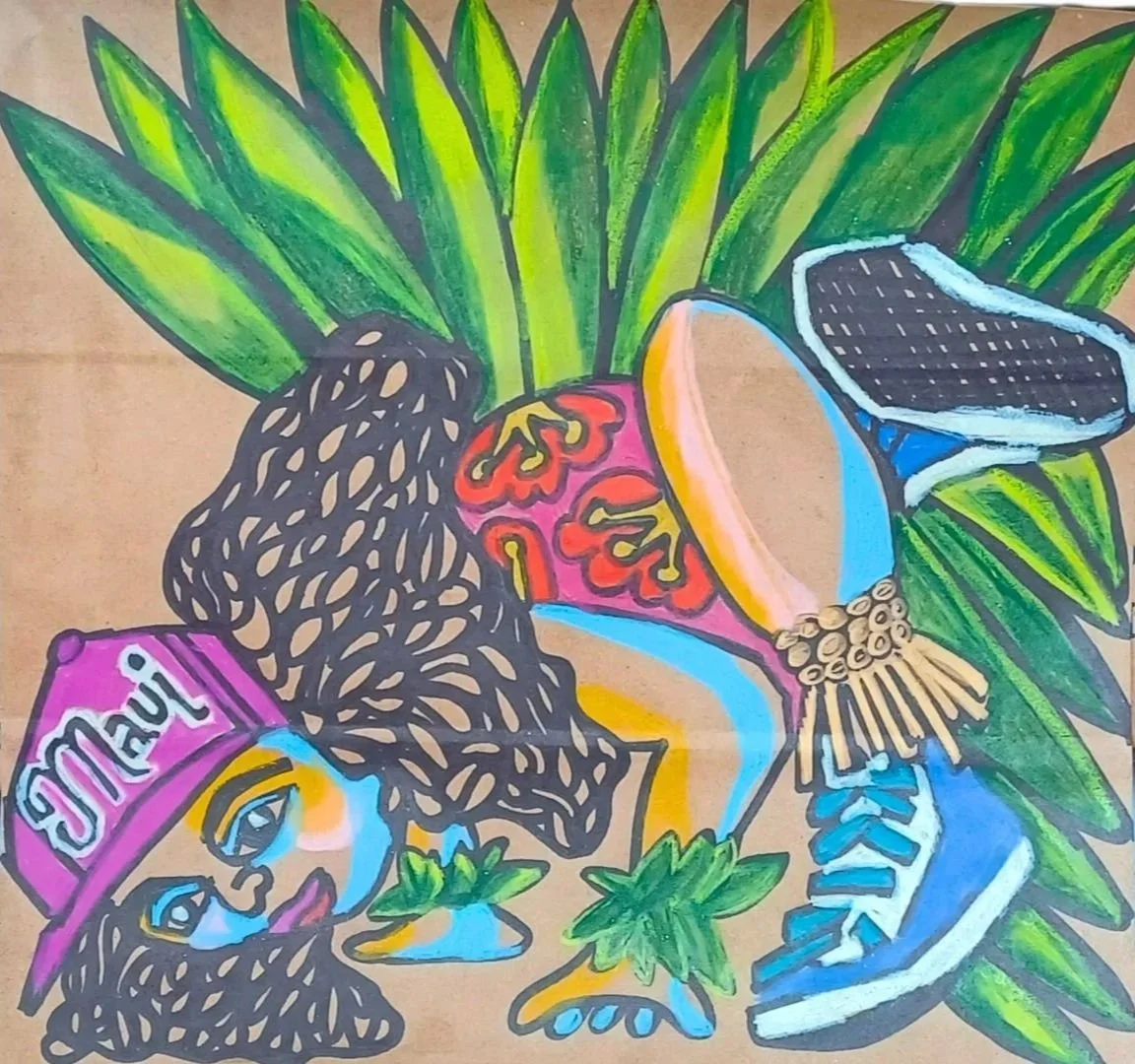 Colorful drawing of a woman with curly hair wearing a pink hat, surrounded by large green leaves, with fruits and a sneaker in the scene.