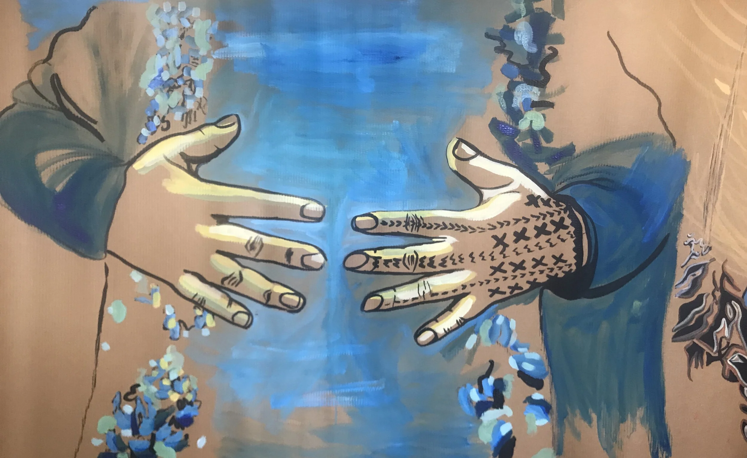 Painting of two hands reaching towards each other, with the palms nearly touching, against a blue background with abstract floral elements.