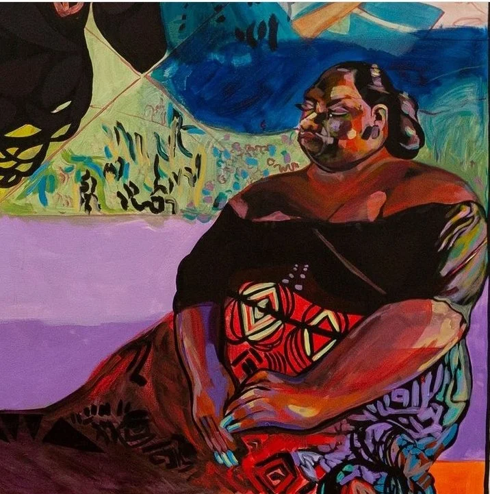 Colorful painting of a woman with glasses, sitting with her arms crossed, wearing colorful clothing, with abstract background elements.