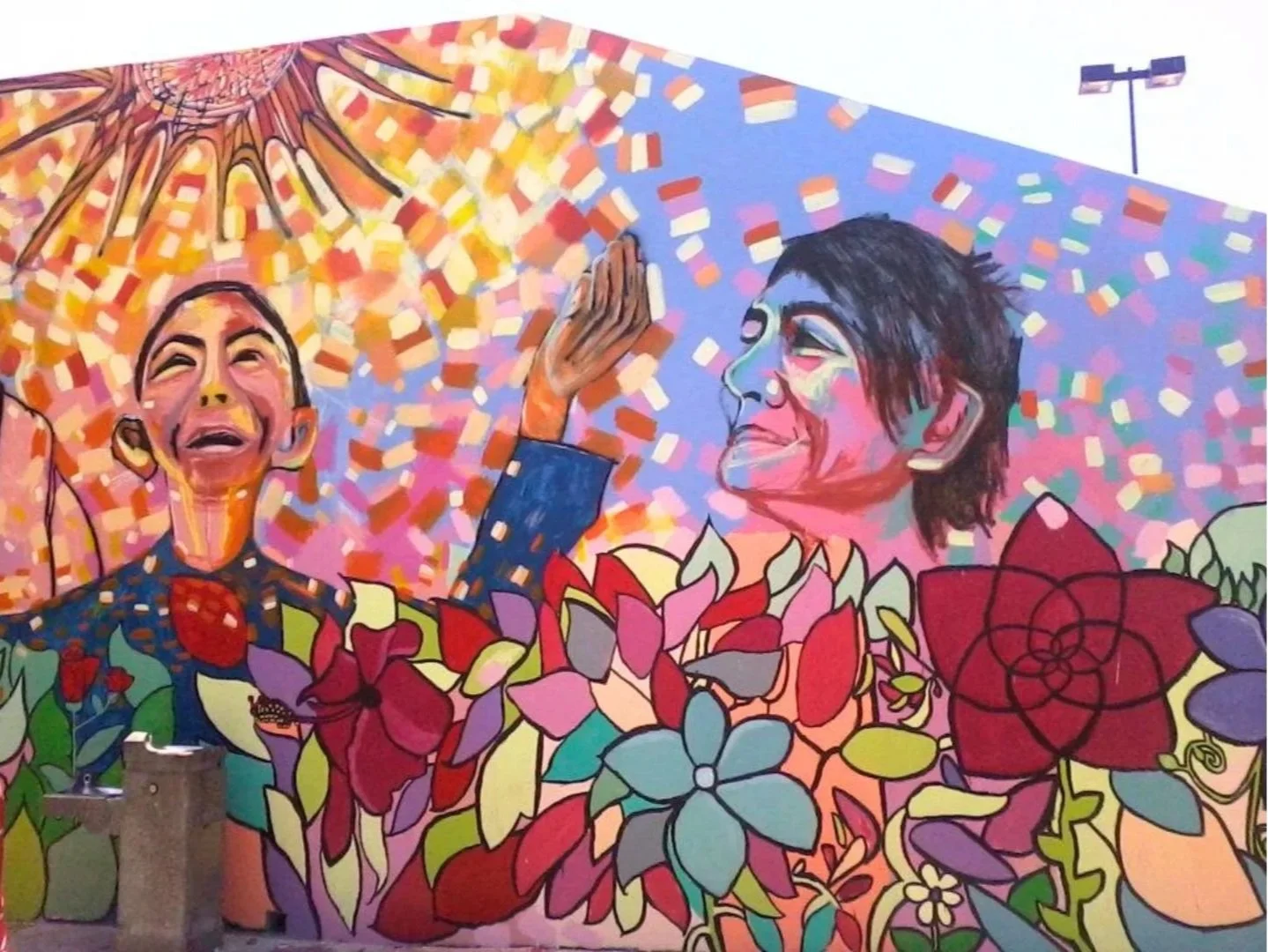 Colorful mural artwork depicting two women among vibrant flowers, with one woman appearing to be crying and the other smiling and saluting.