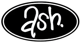 Ash logo in black oval with white handwritten text