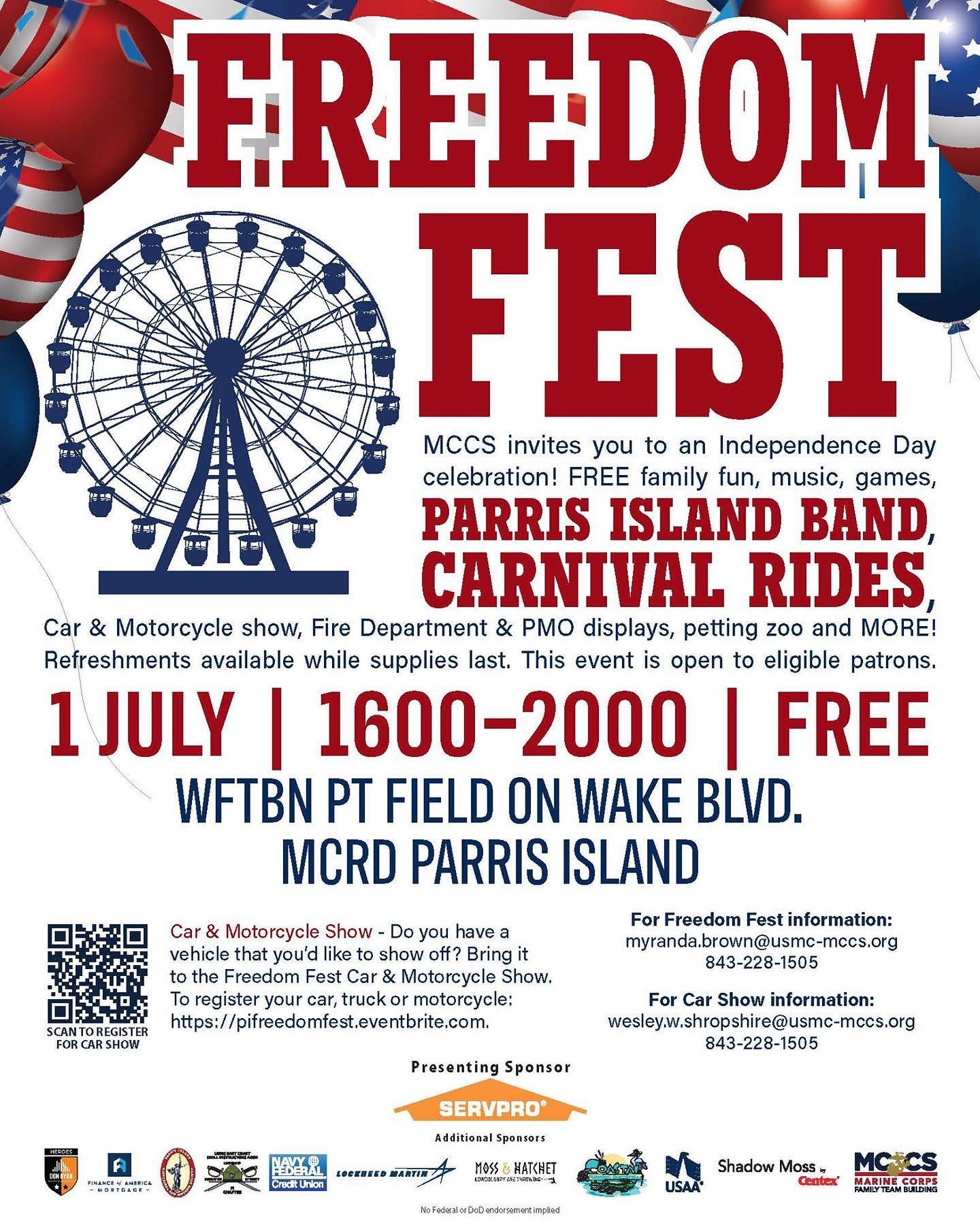 Come join us at the Freedom Fest on Thursday in Parris Island from 4PM - 8PM. There will be tons of family fun, music, games, food and more!! We hope to see you all there!🎡🎠🎟️🎢🇺🇸🤩