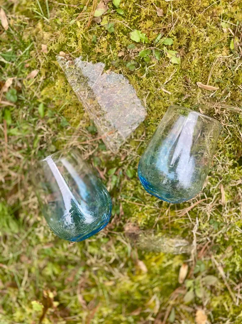 Icy blue narrow stemless wine handblown glasses