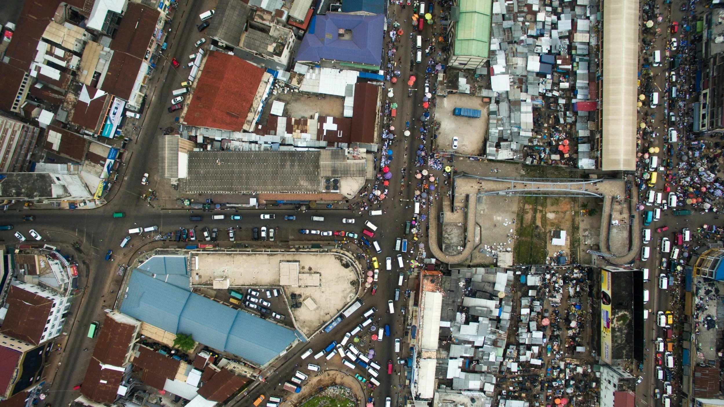 An aerial view of a busy urban area in Ghana.