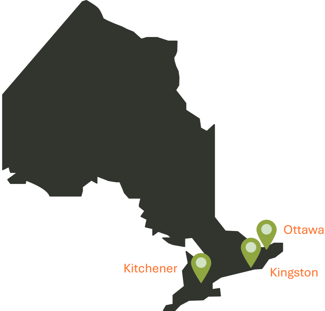 Map of Ontario showing Take's office locations in Ottawa, Kingston, and Kitchener