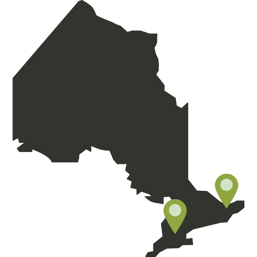 Map of Ontario with two location markers, one in Ottawa and one in Kitchener.
