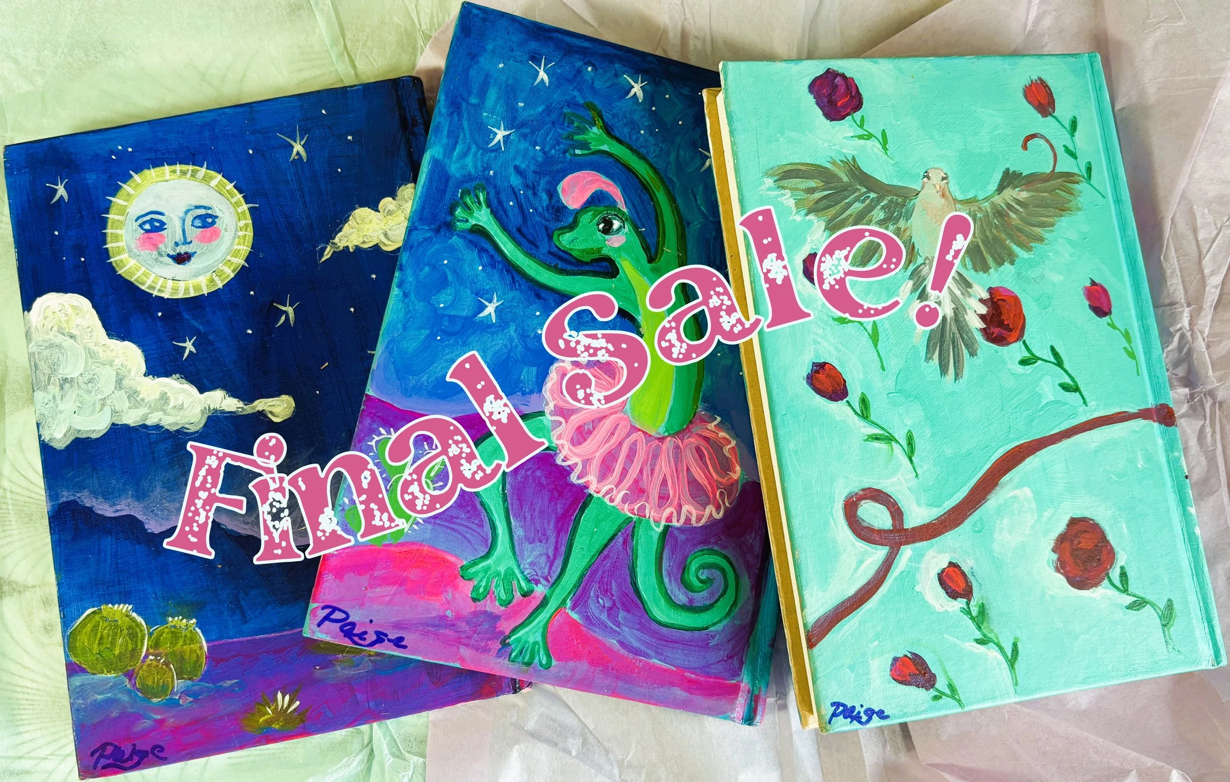 Three books with hand-painted covers: a nightscape, a ballerina gecko, and a dove with roses, overlaid with the text "Final Sale!"