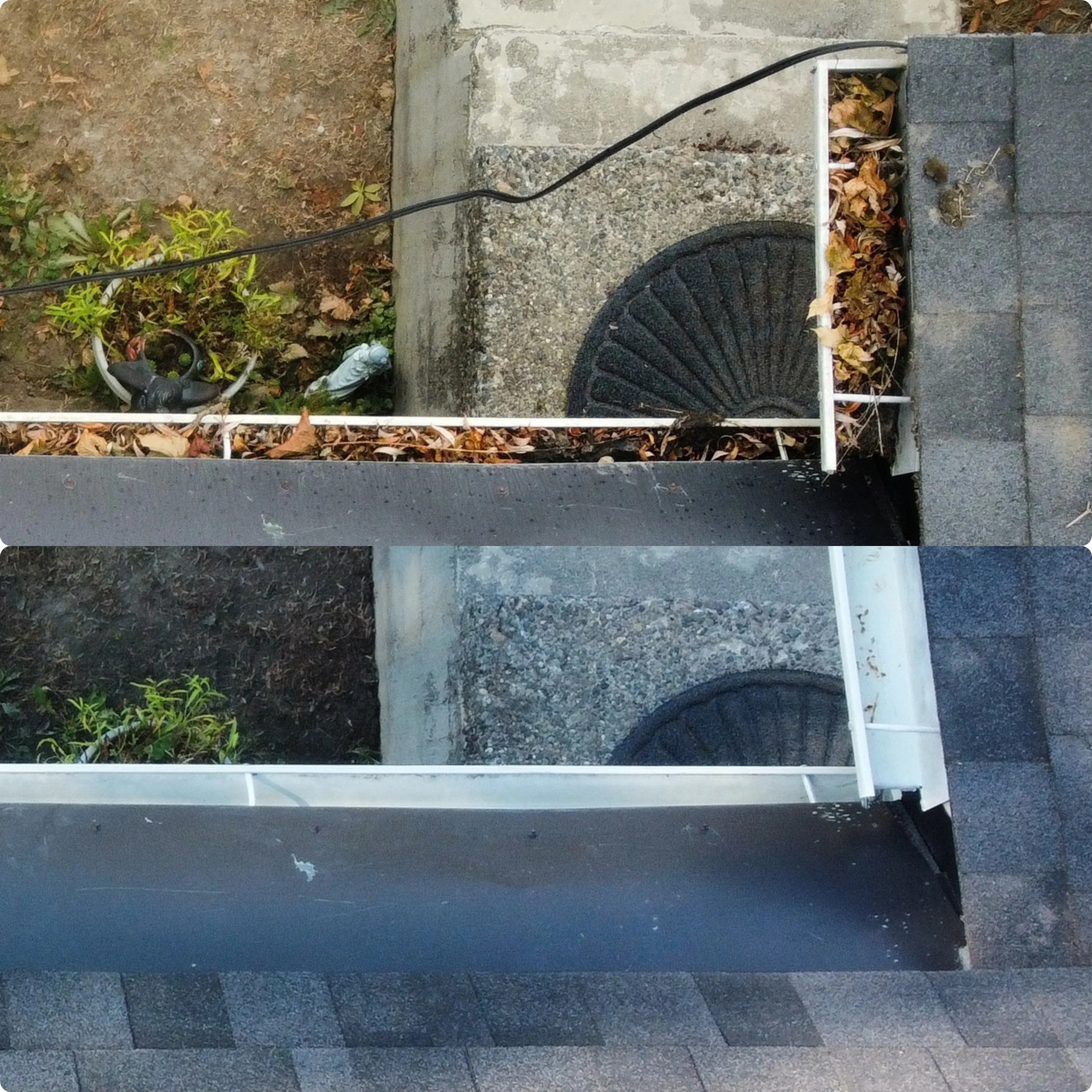 Comparison of two images showing a planter box with leaves, soil, and gardening tools in the upper image, and a white structure in the lower image, both positioned next to a concrete and paved area.