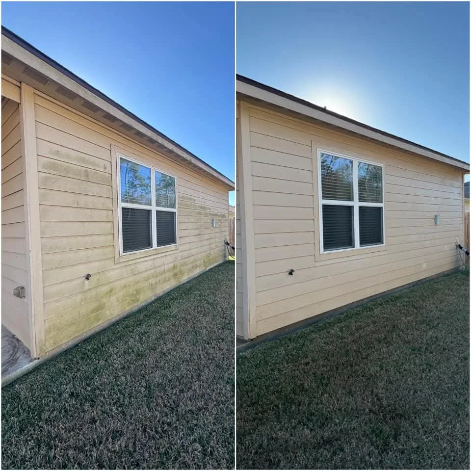 Comparison photo of house exterior before and after power washing, showing cleaned and grime-free siding.