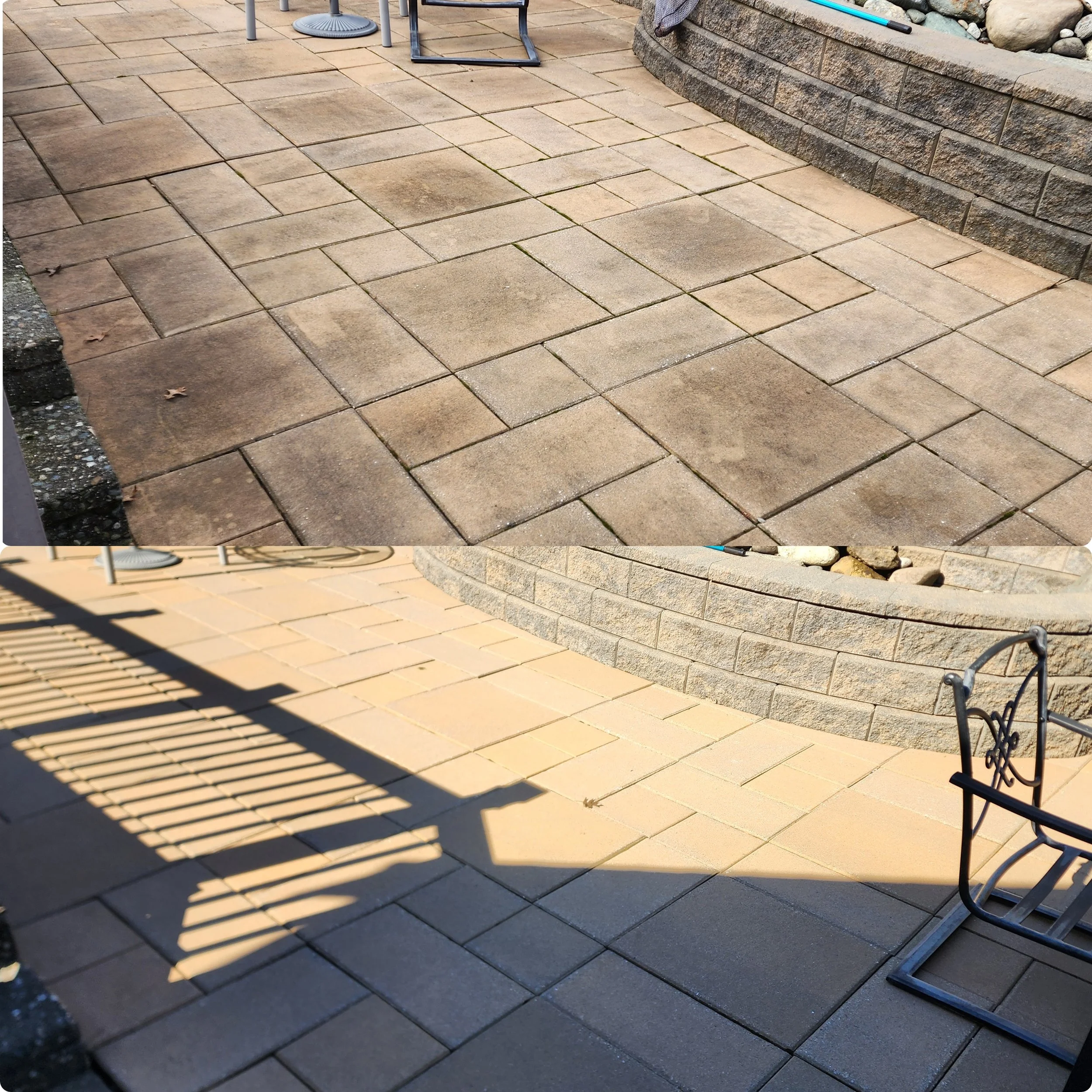 Comparison of a paved outdoor patio area before and after cleaning; top image shows dirty, stained paving stones, bottom image shows clean, bright paving stones with shadows cast by a metal chair.