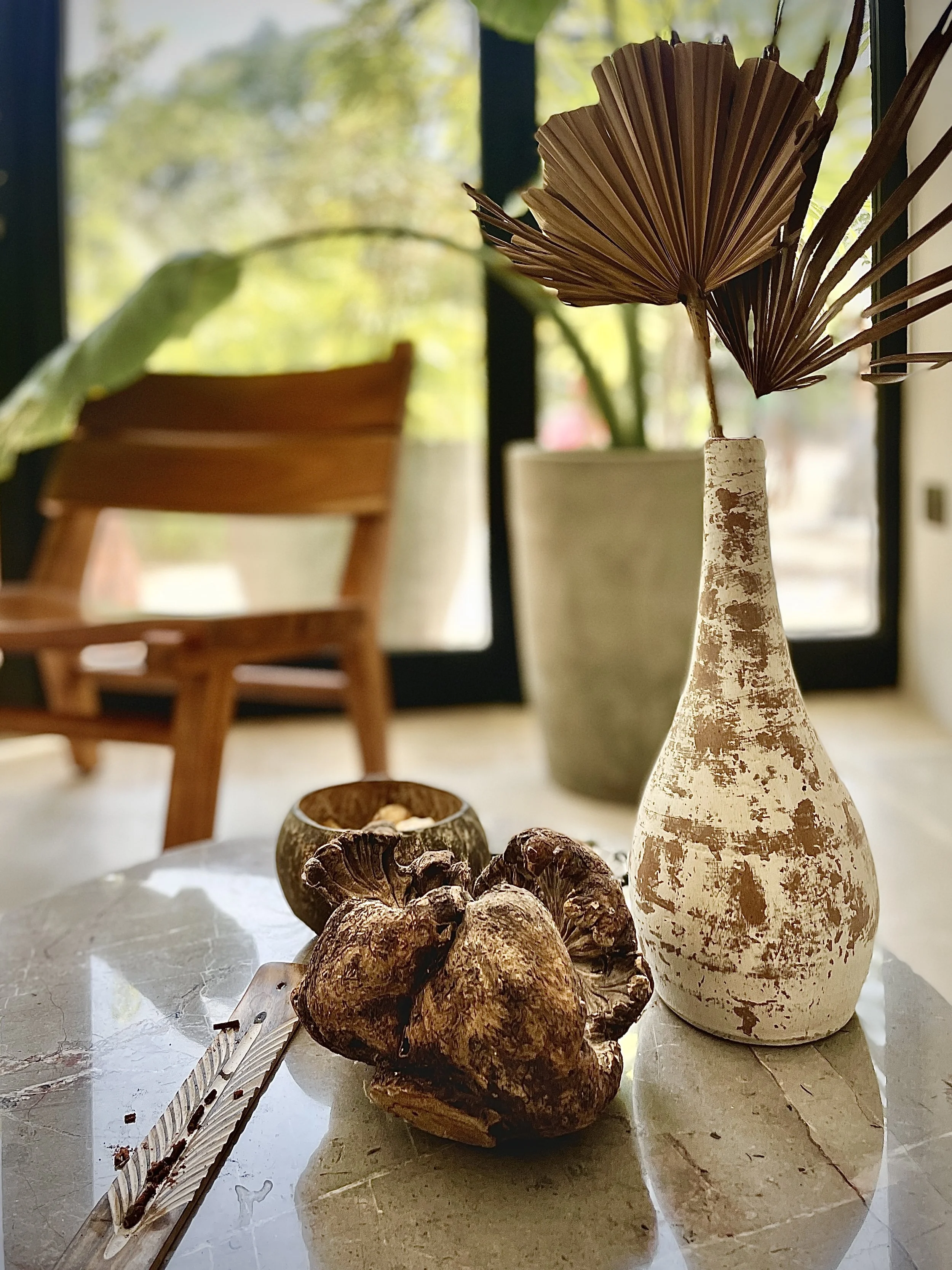 Decorative dried palm leaf in a white vase, along with dried coral-like sculpture and a small wooden bowl on a marble table near a window with green plants in the background. Hypha Inc Marketing Agency and Creative Studio Lab, Tulum.