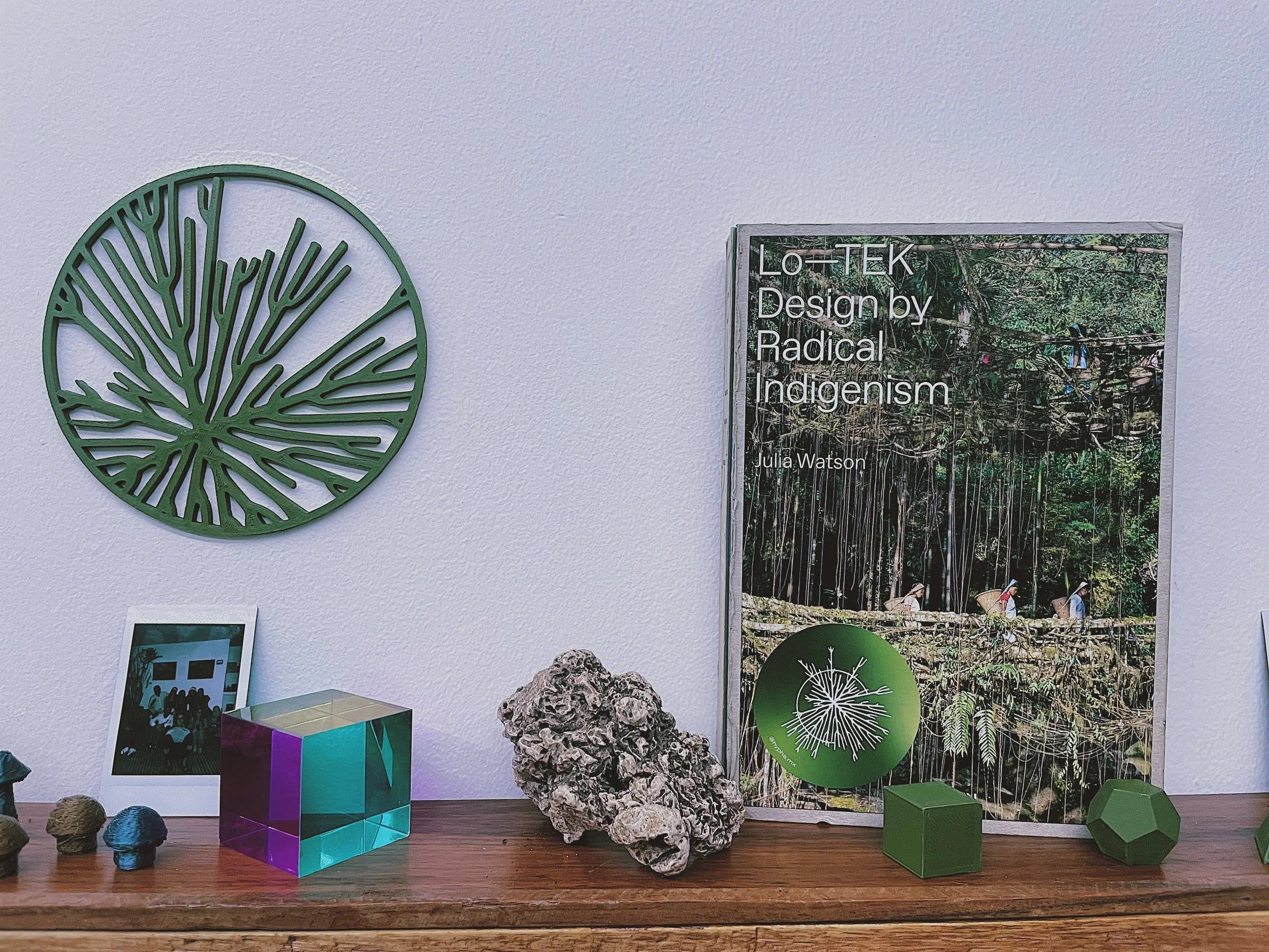 A white wall decorated with a green metal wall art in the shape of a tree and a framed poster titled "LO-TEK Design by Radical Indigenism" by Julia Watson. The poster features a dense forest scene with people walking on a bridge and a green circle wi