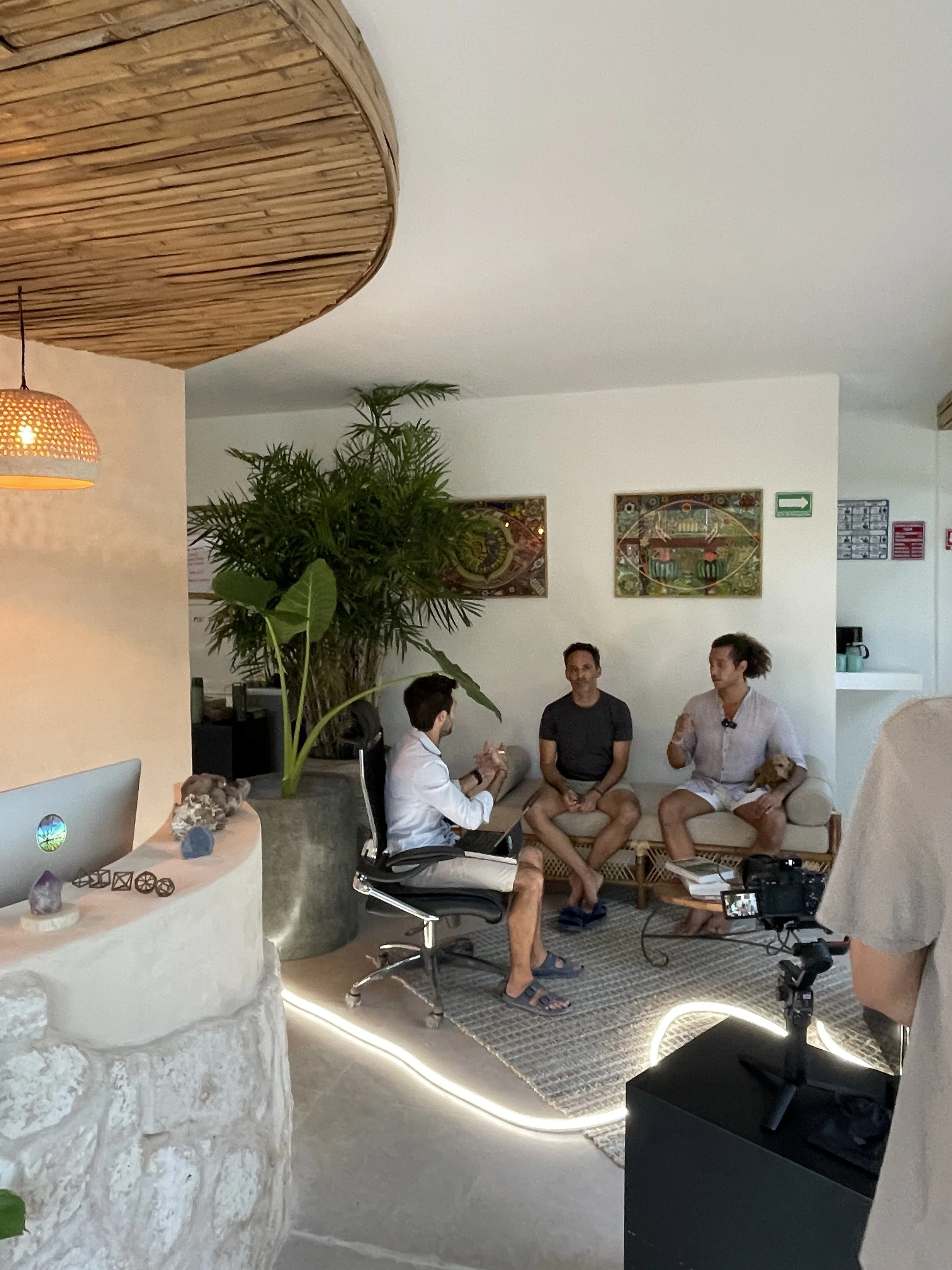 Three men having a discussion in a modern, cozy room with tropical decor. One man in a white shirt and khaki shorts is sitting cross-legged on a sofa with a small dog, another man in black shorts and a black shirt is sitting on a separate sofa, and t