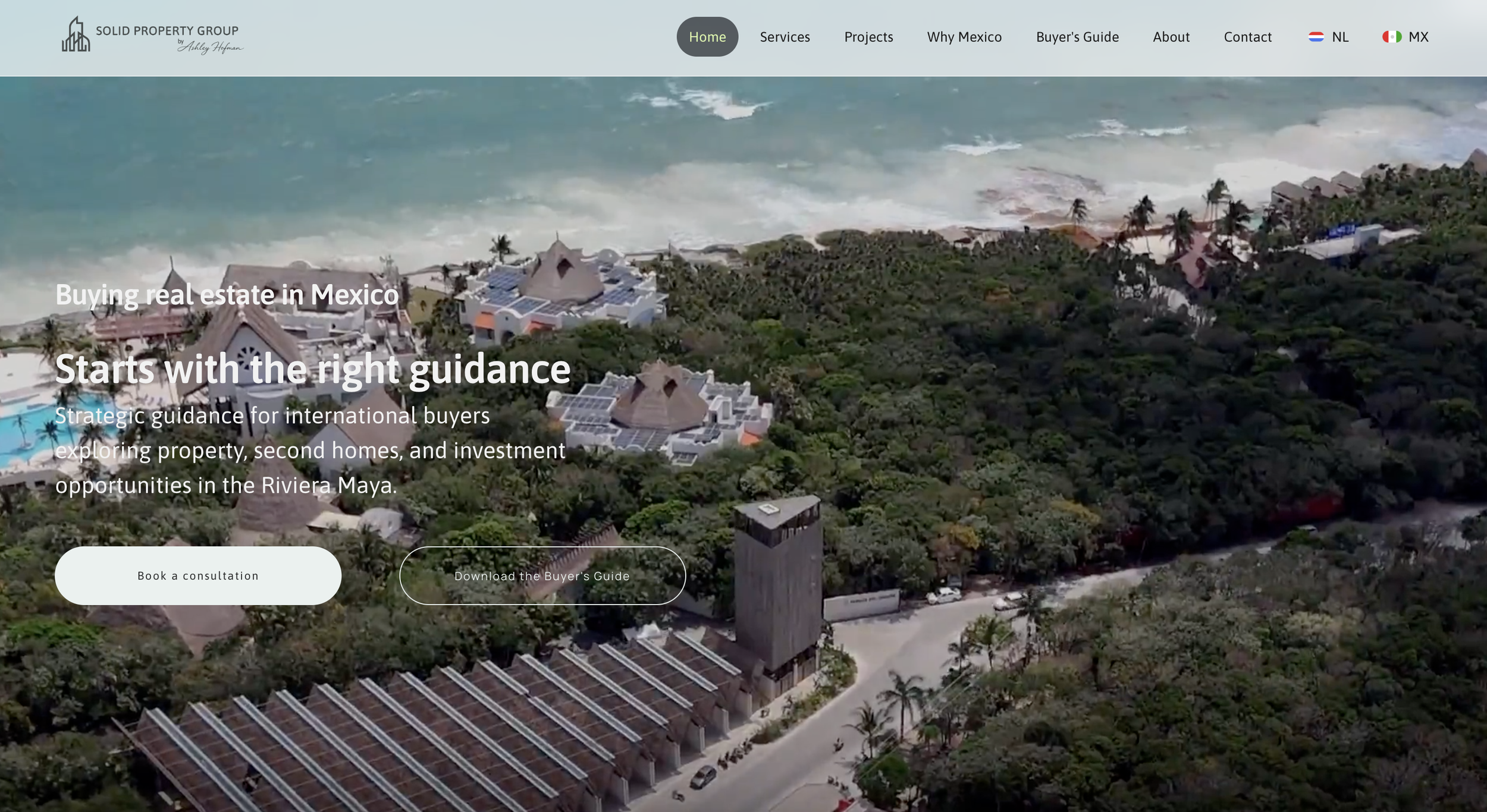 Aerial view of a coastal property with multiple buildings, surrounded by greenery and palm trees, overlooking the ocean in Mexico. Real estate web design
