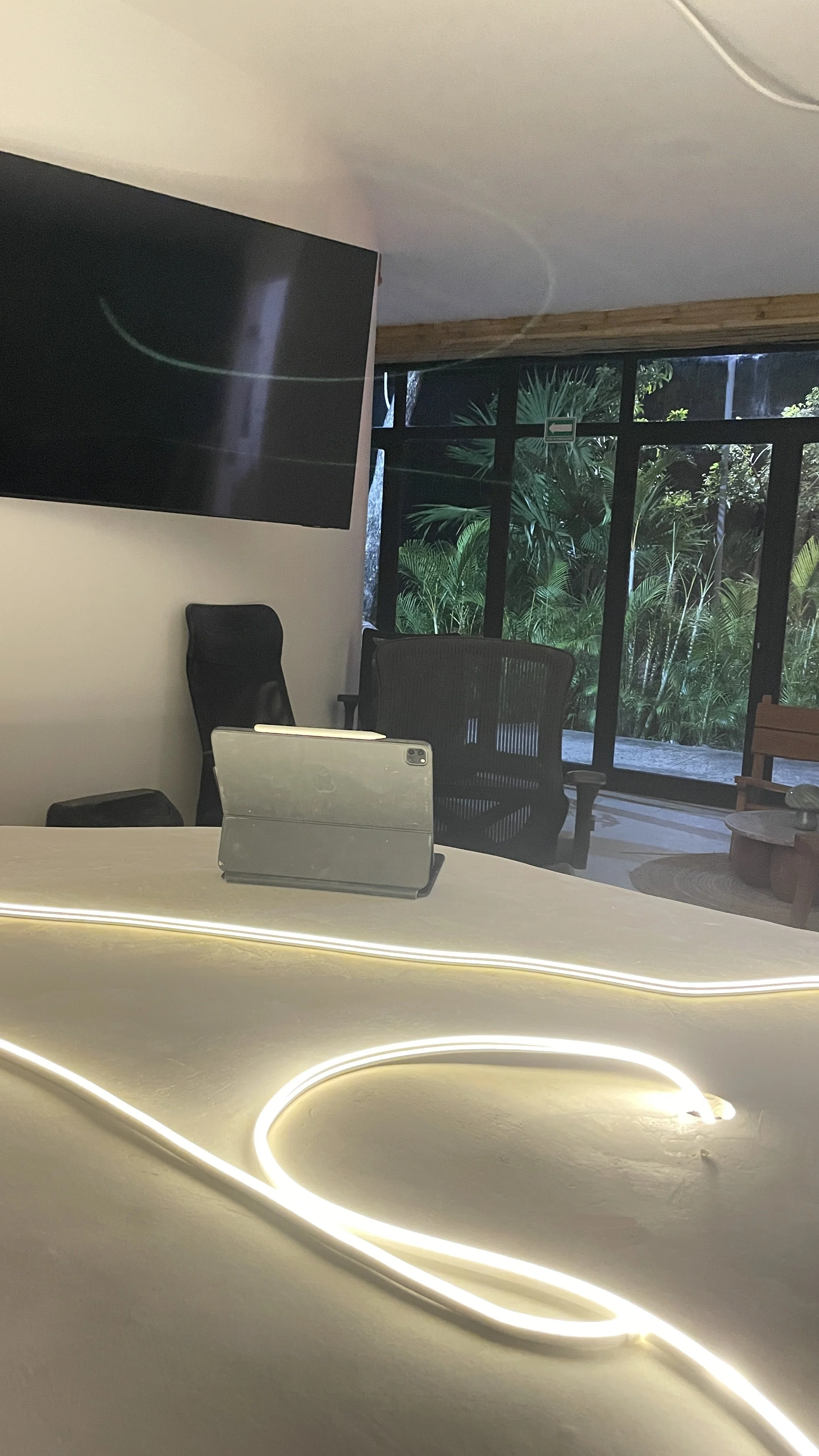 Office conference room with a curved white table illuminated with LED lights, black office chairs, a tablet on the table, a large flat screen on the wall, and large windows showing lush green plants outside. Hypha Inc Marketing Agency and Creative St