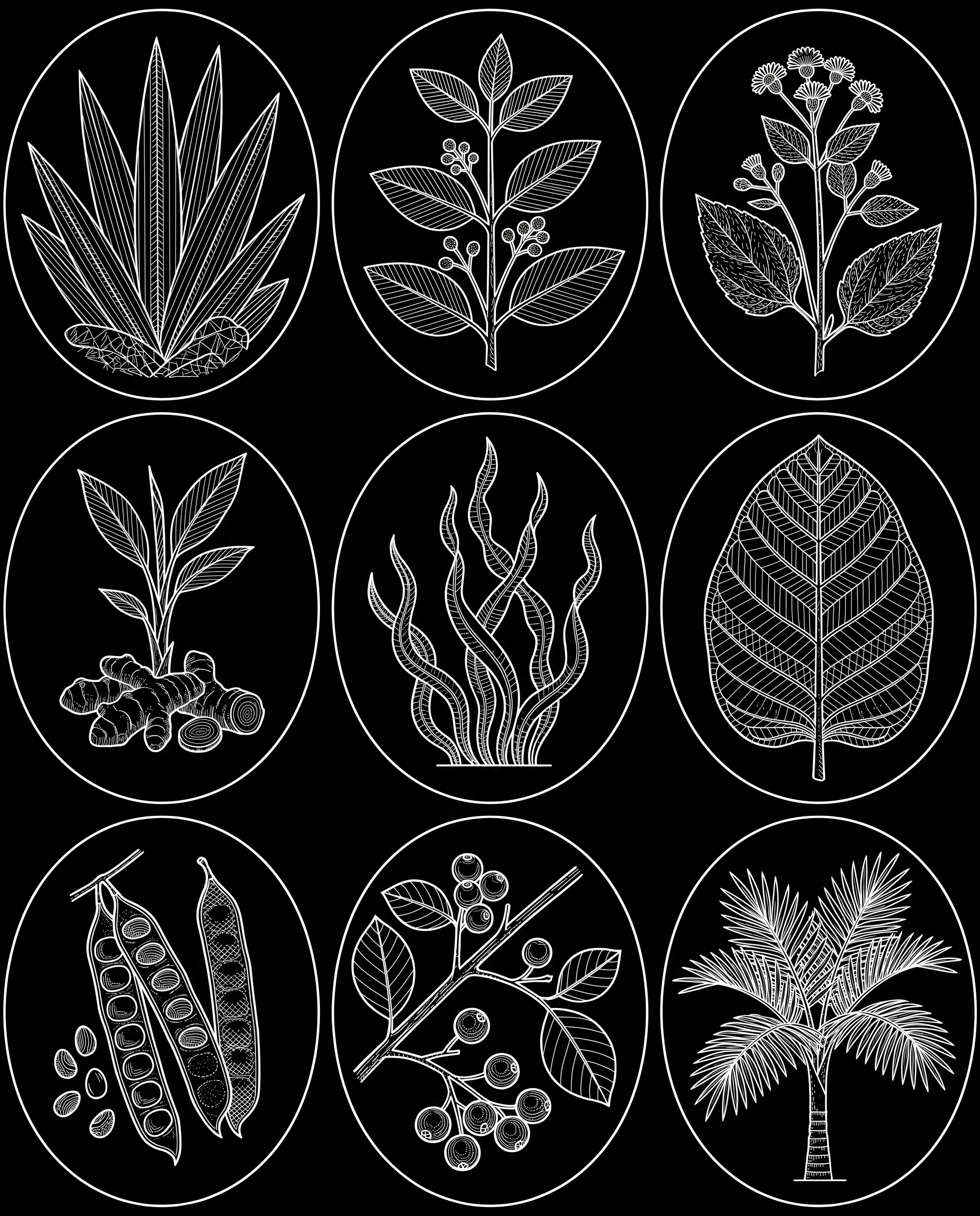 Yauhtli, Muicle, Calea zacatechichi, turmeric, spirulina guarumbo, guajes, capulín, chit palm, illustration